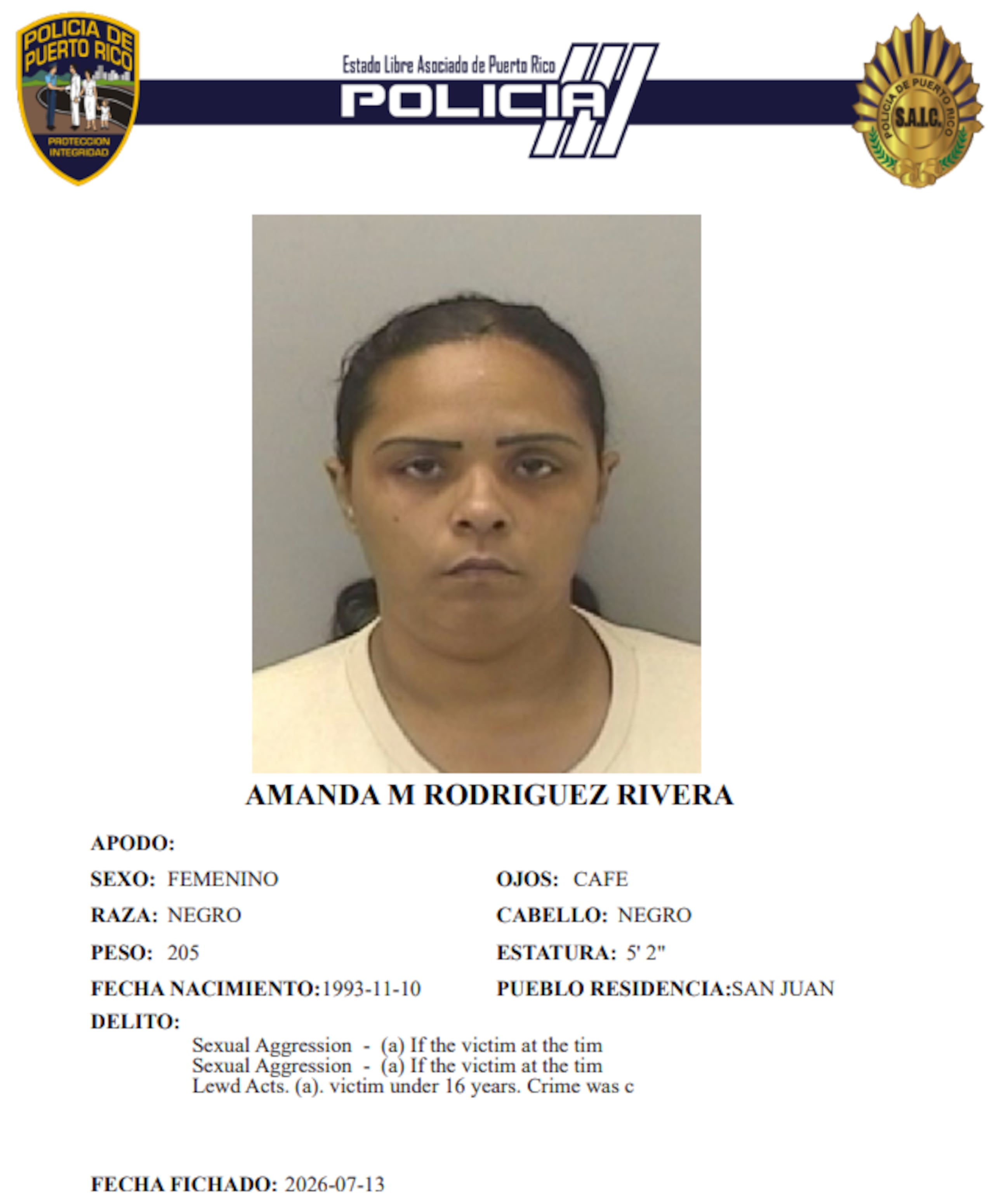 Ficha policíaca de la imputada, Amanda M. Rodríguez Rivera, de 33 años y vecina de San Juan.