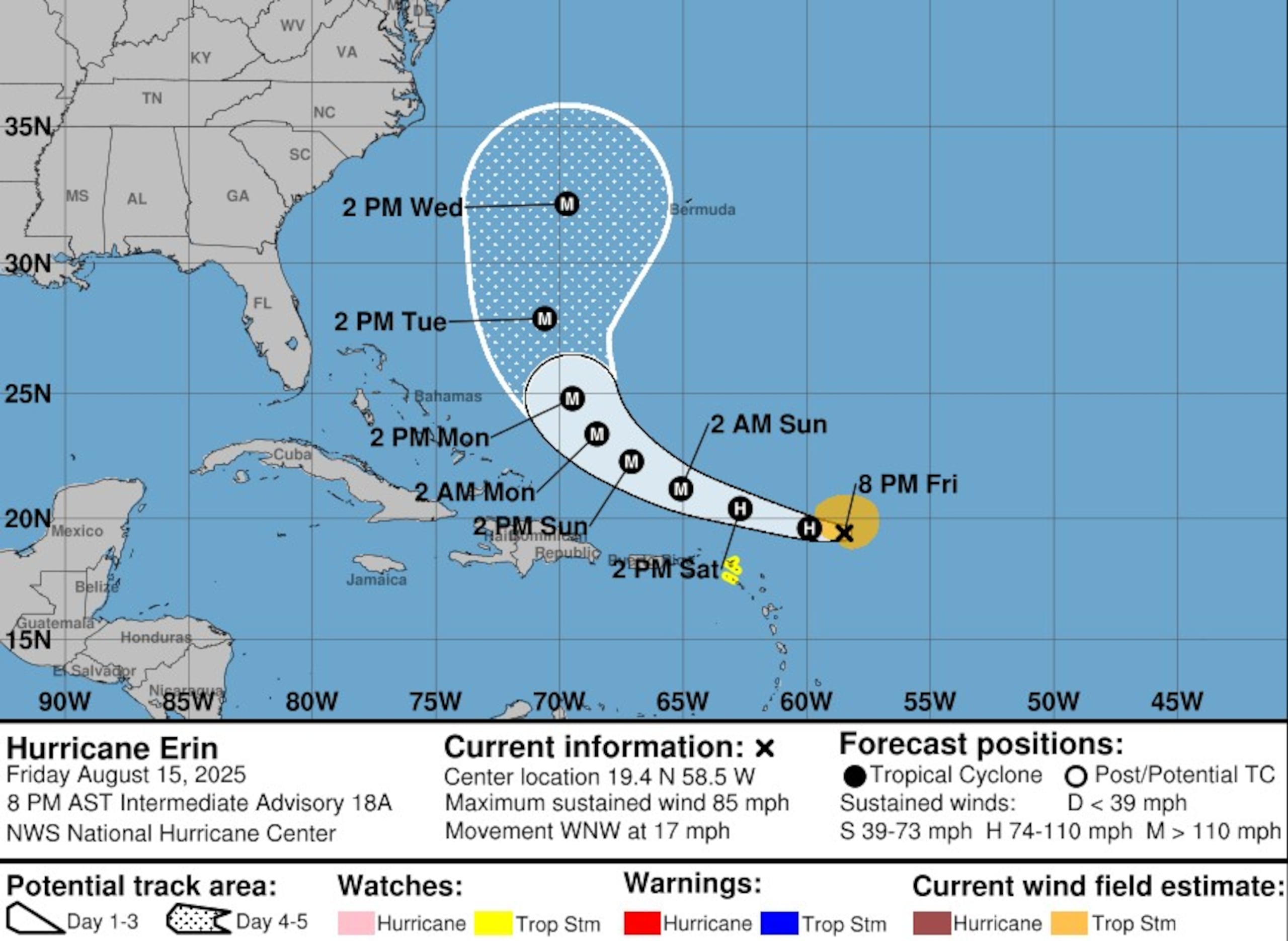 Aunque se anticipa que continuará intensificándose, no se esperan cambios en la trayectoria del huracán Erin.