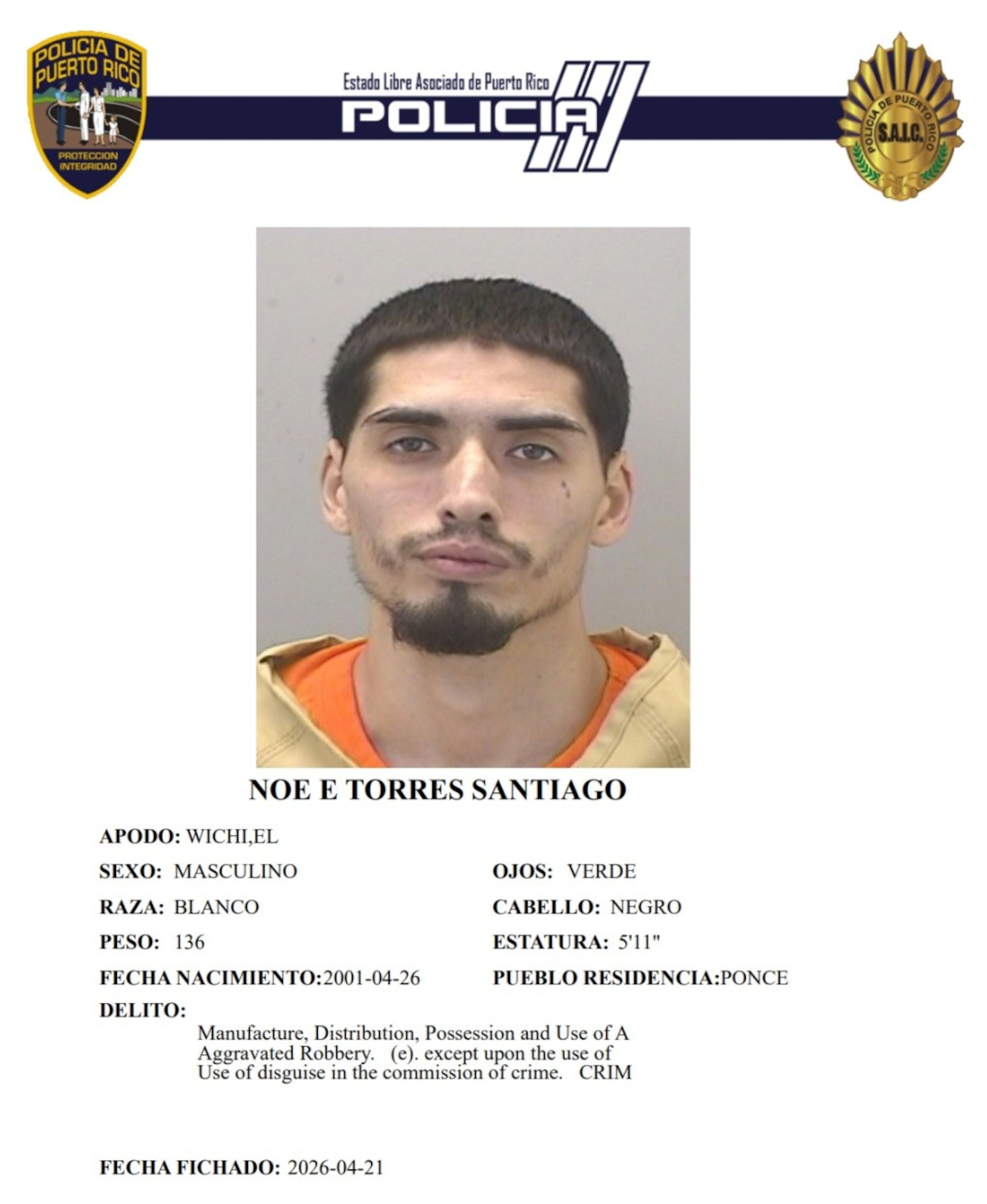 Noé E. Torres Santiago, enfrenta cargos criminales por el asesinato de un agente de la División de Drogas de Ponce, el 10 de abril.