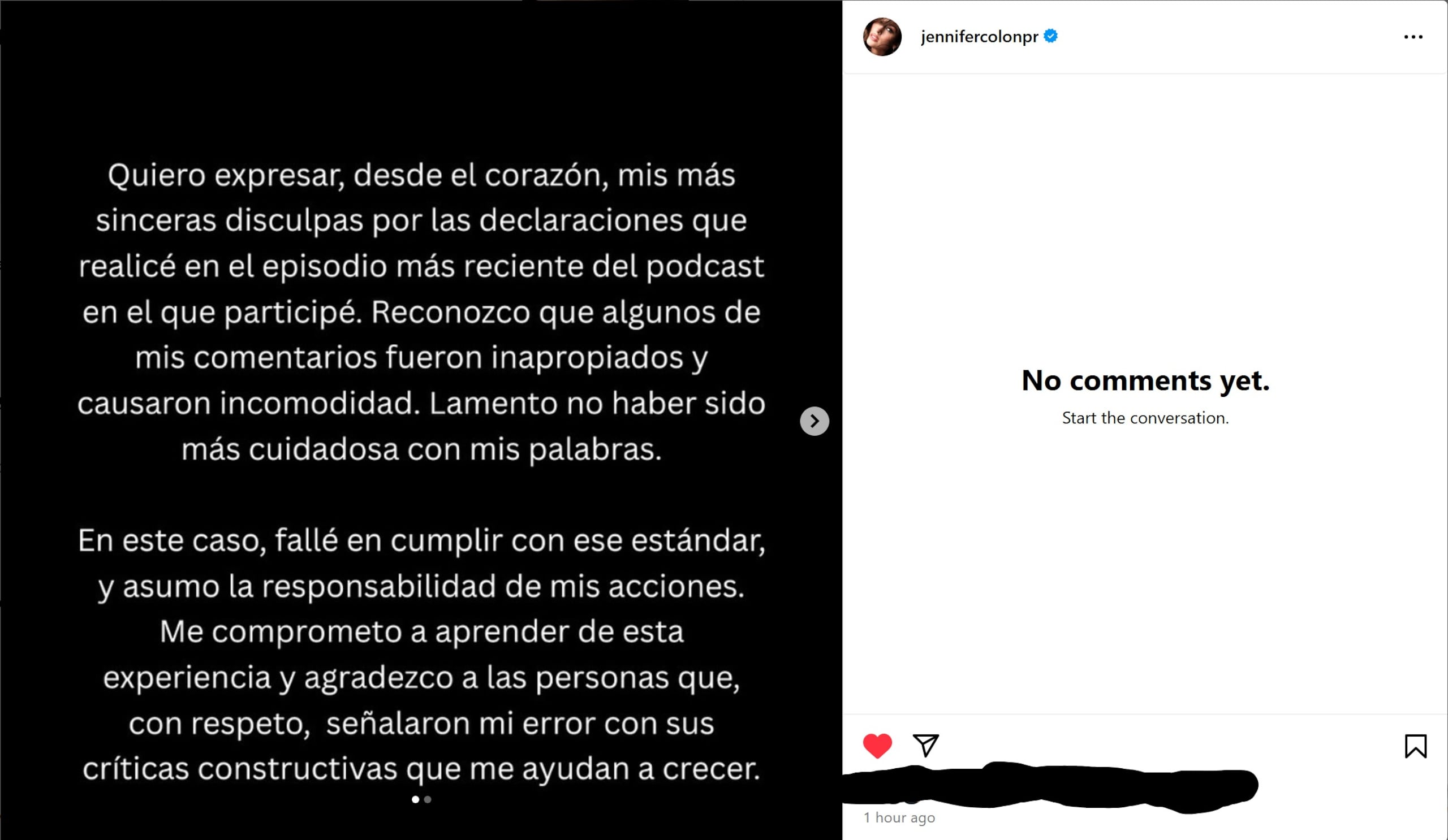 Jennifer Colón se disculpó en una publicación que subió a su cuenta de Instagram.