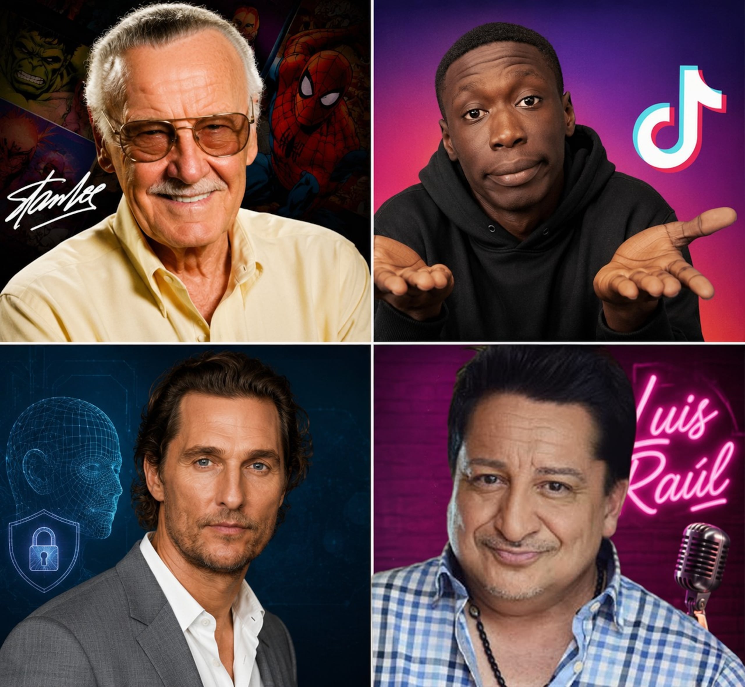 Las imágenes de Stan Lee, Khaby Lame, Matthew McConaughey y Luis Raúl son ejemplos del uso y futuro de la IA en la creación de identidades digitales.