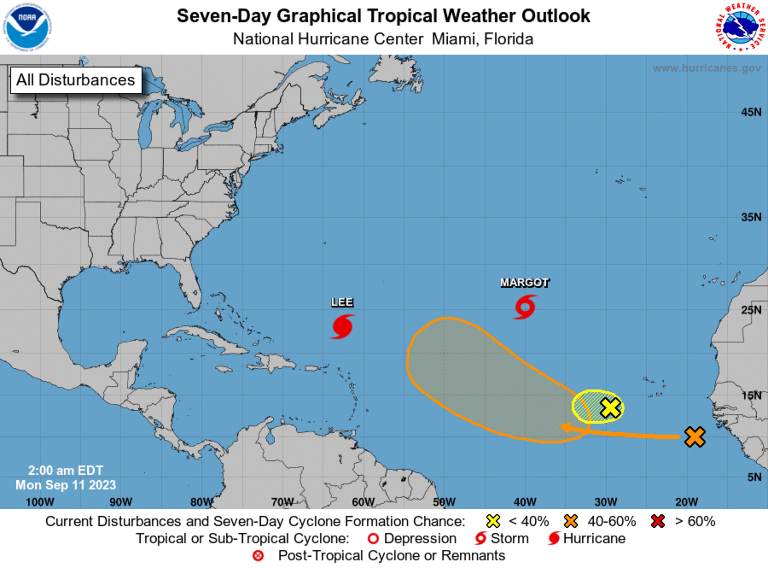 Pronóstico gráfico del clima tropical para siete días, el 11 de septiembre de 2023.