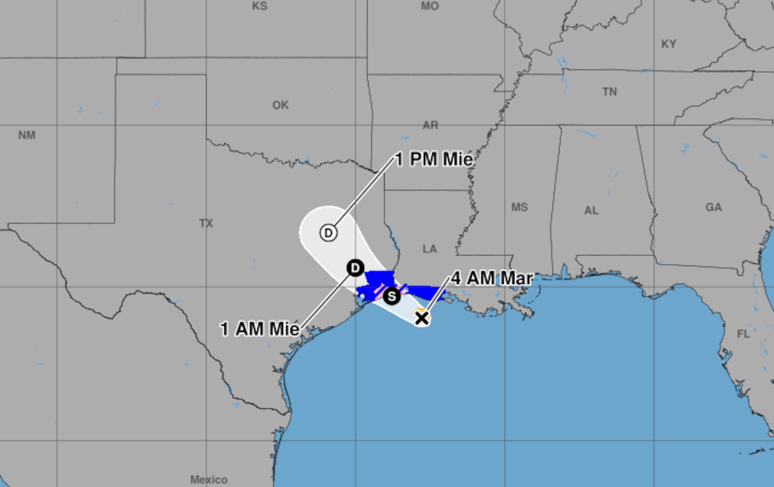 Edouard se encontraba a unas 65 millas al sur-sureste de Cameron, Luisiana, y a 90 millas al sureste de Port Arthur, Texas.