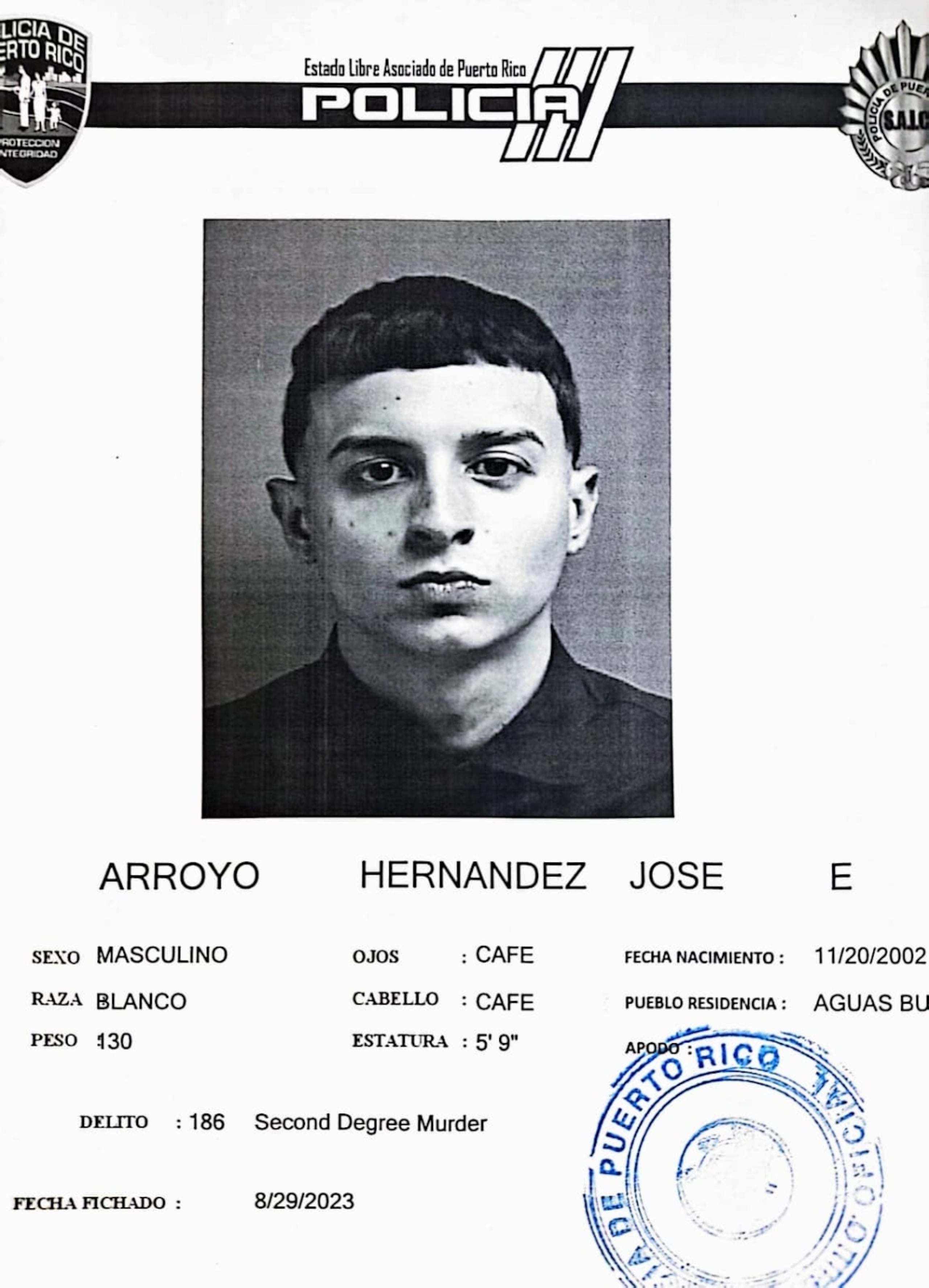 Ficha policial de José Esteban Arroyo Hernández.