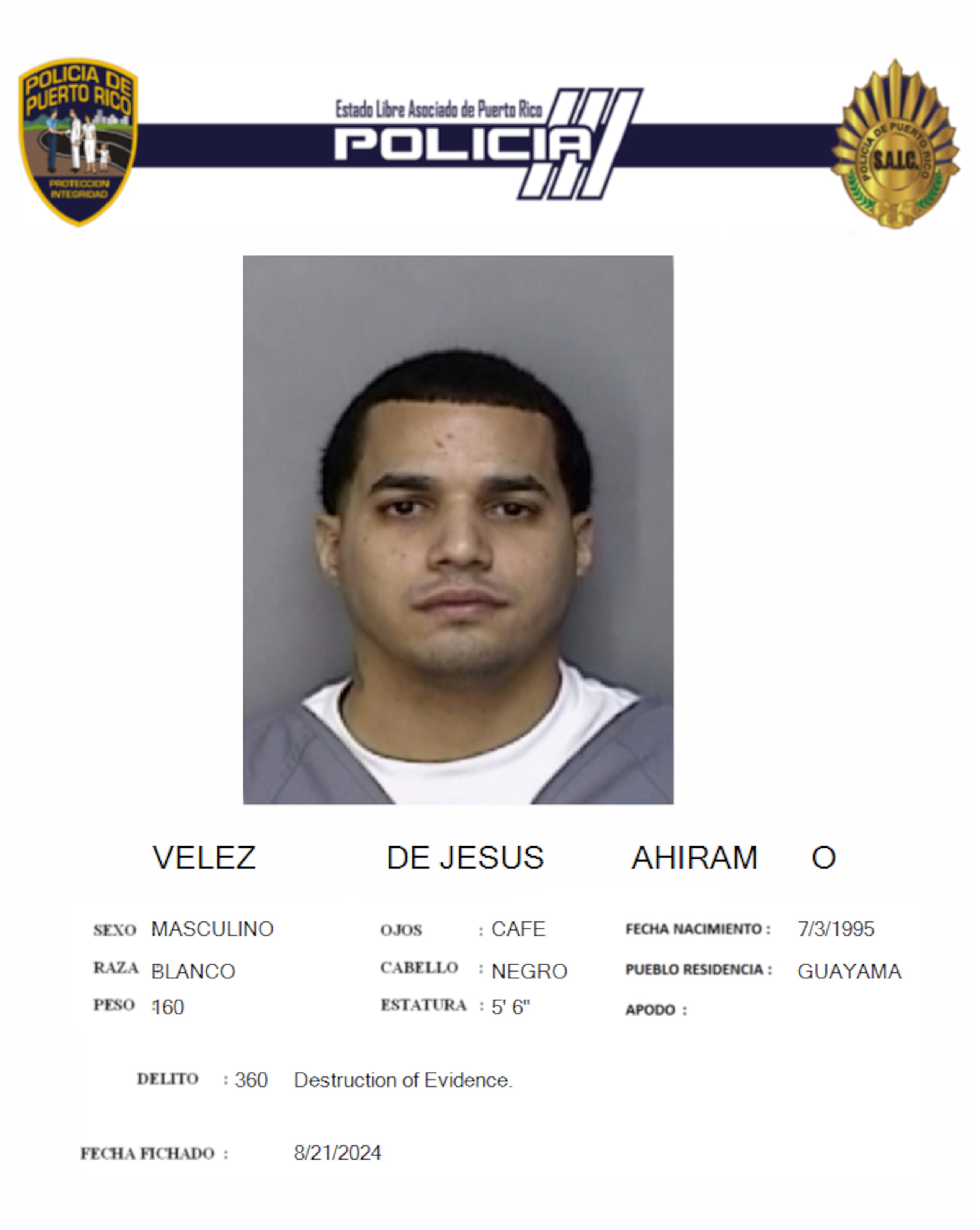 Ahiram O. Vélez De Jesús fue acusado por la posesión de un teléfono celular en la cárcel de Guayama.