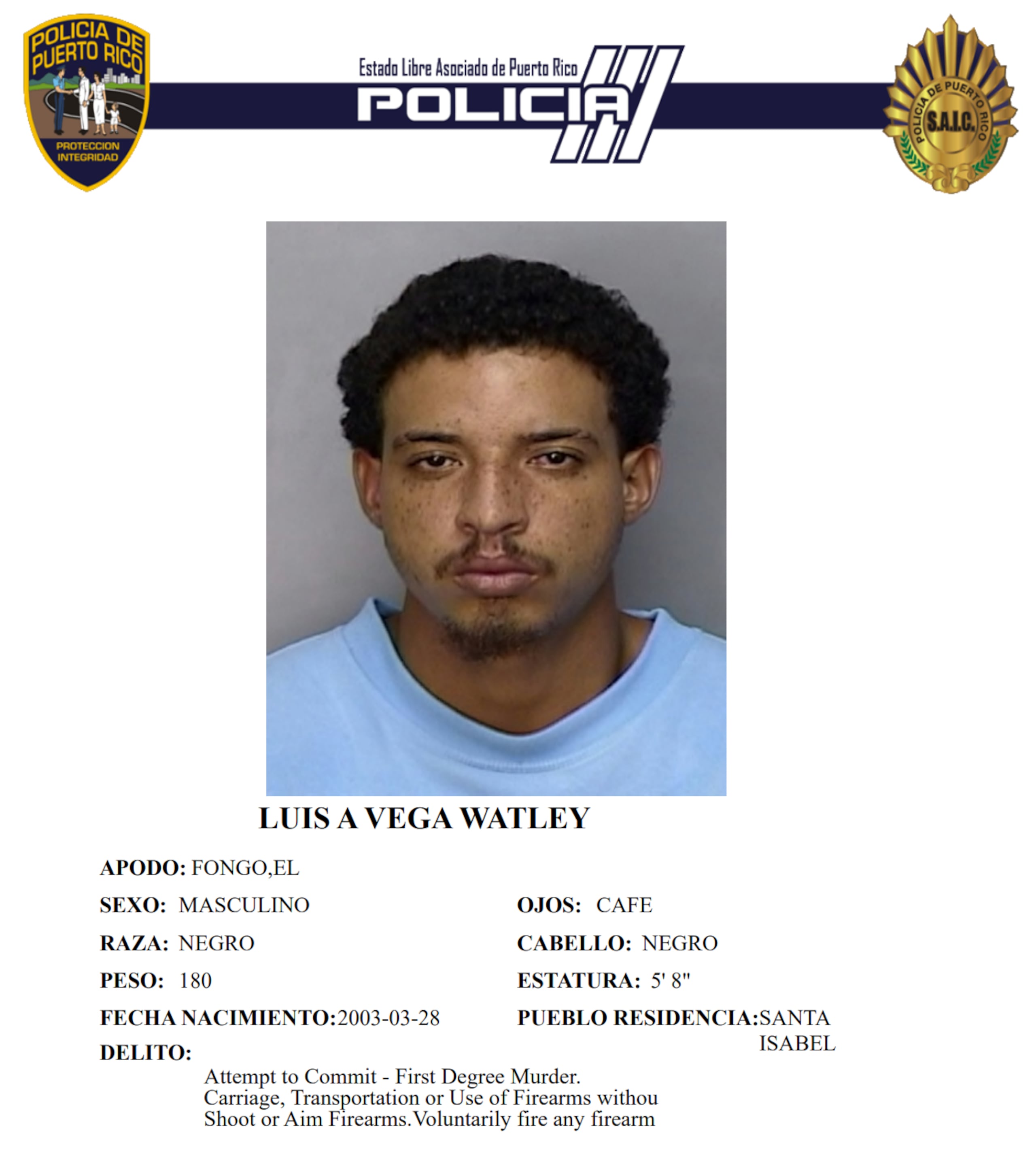 Ficha policiaca de Luis Vega Watley, de 22 años.