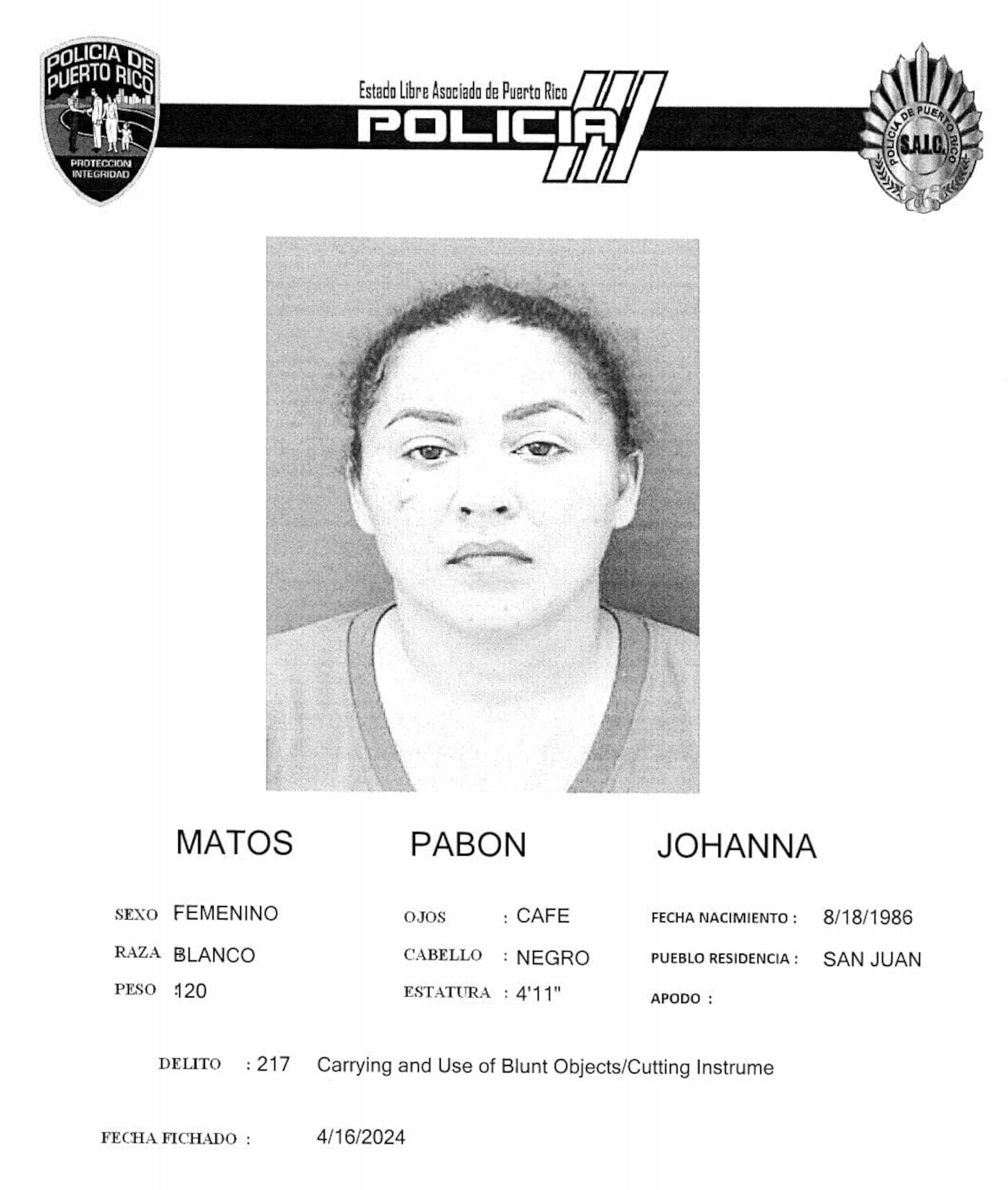 Johana Matos Pabón está acusada de maltrato de menores y violación a la Ley de Armas.