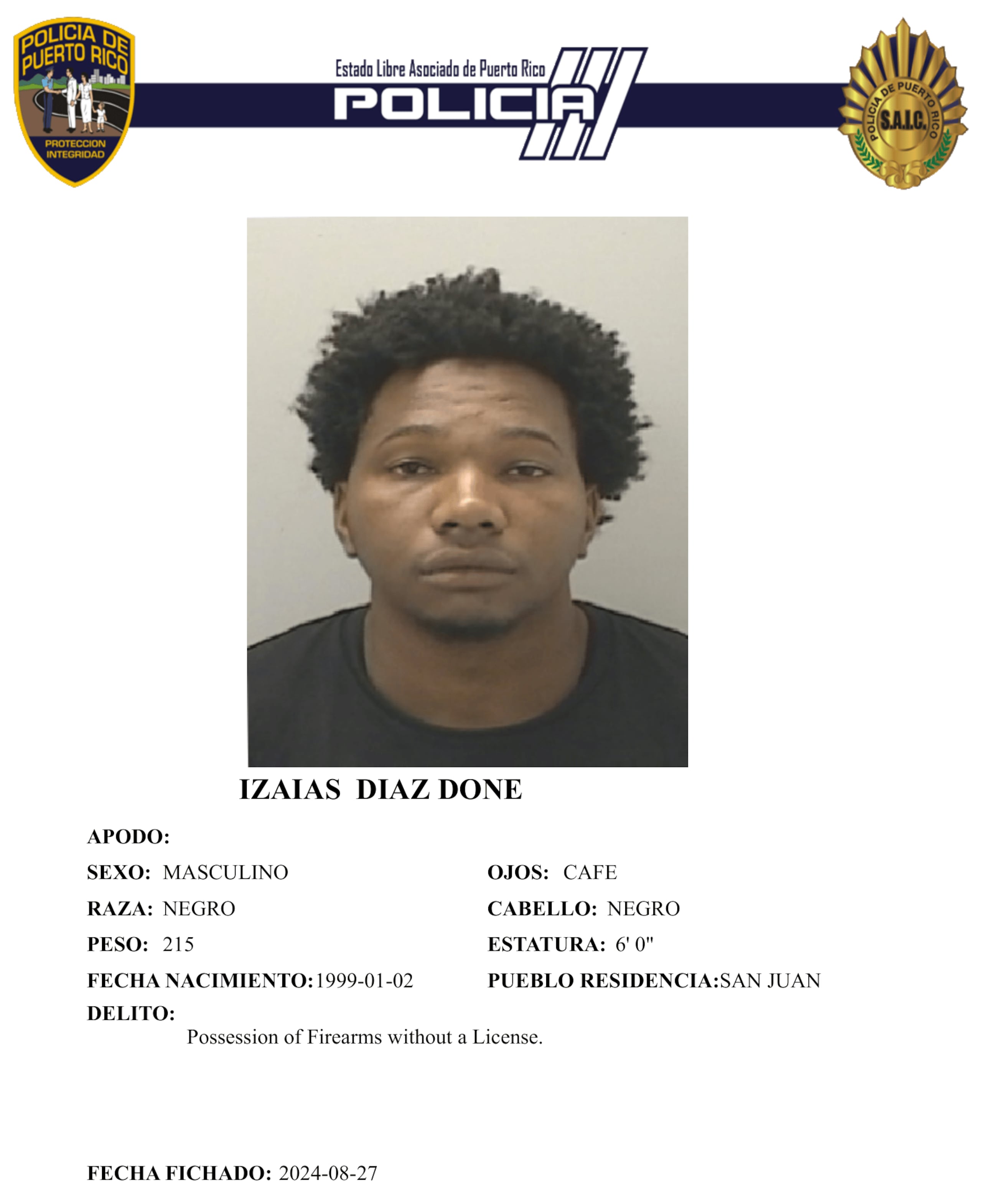 Ficha policíaca del fugitivo, Izaia Díaz Doñe.