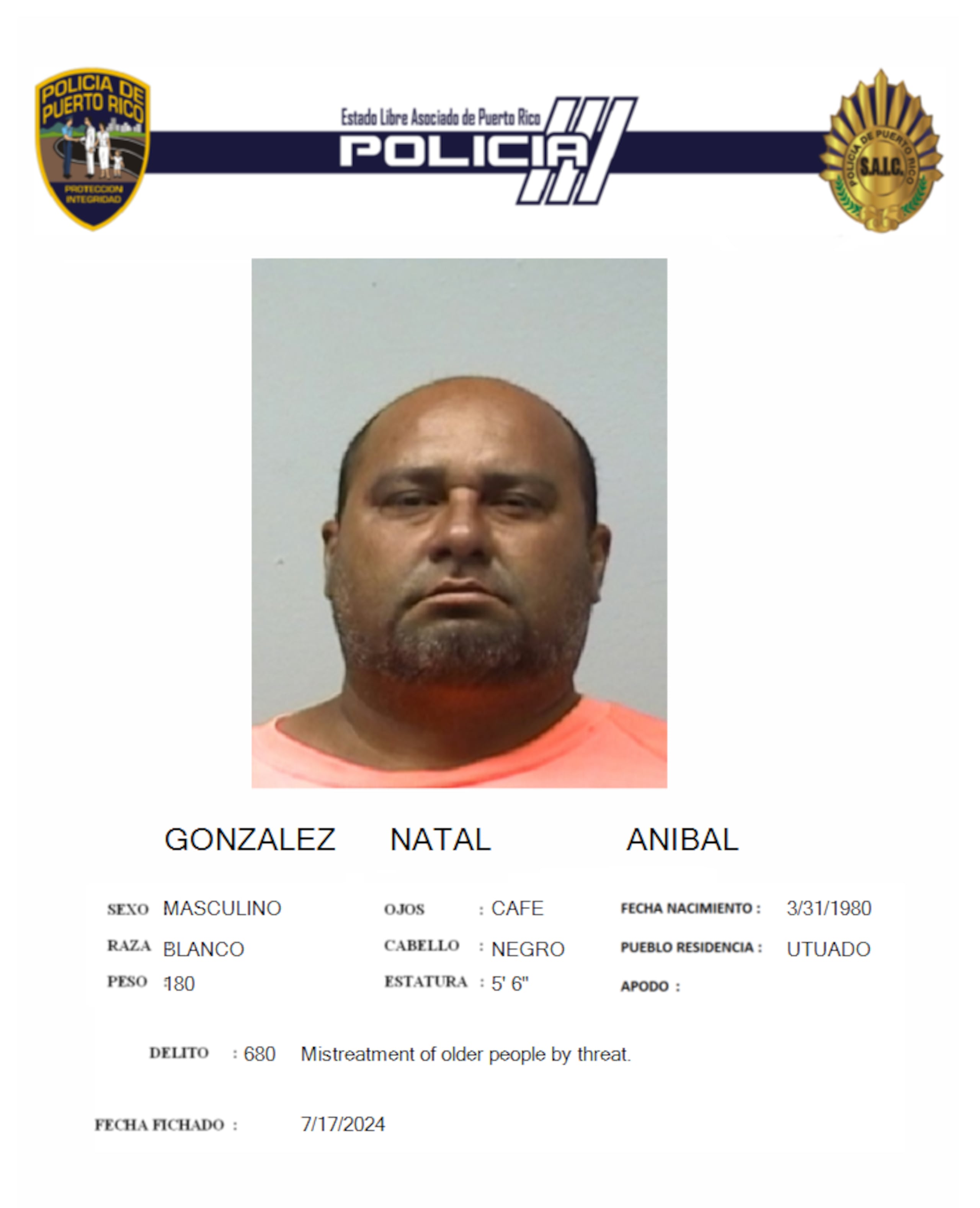 Aníbal González Natal fue acusado por amenazar a un hombre de 68 años.