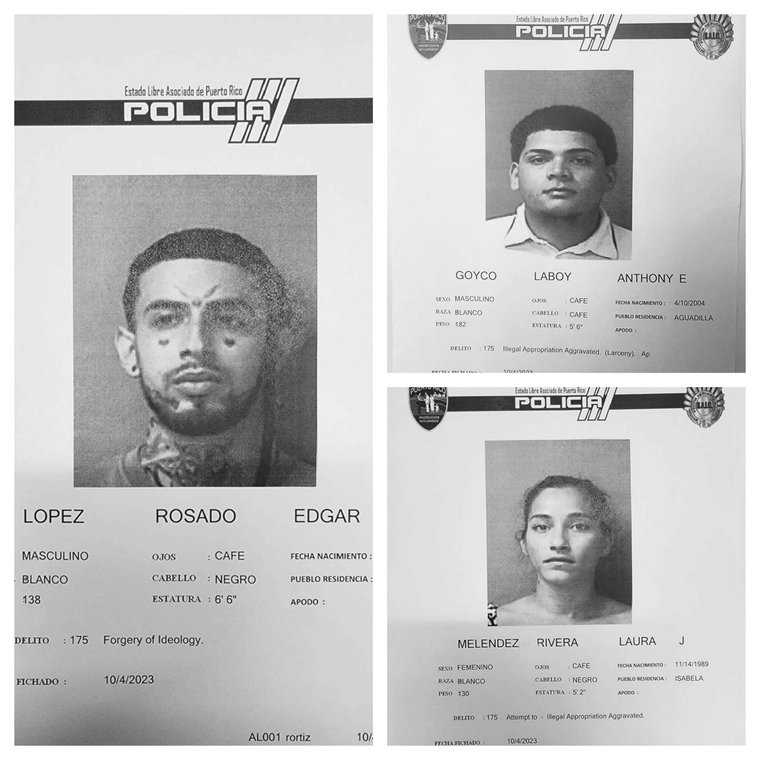 Anthony E. Goyco Laboy, Edgar E. López Rosado y Laura J. Meléndez Rivera, enfrentan cargos por falsificación de cheques.