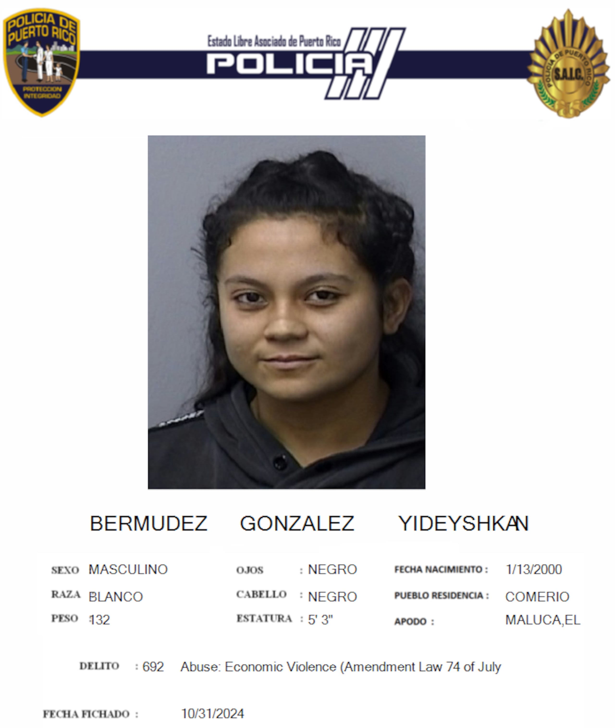 Yideyska Nicole Bermúdez González. de 24 años, enfrenta cargos por violencia doméstica.