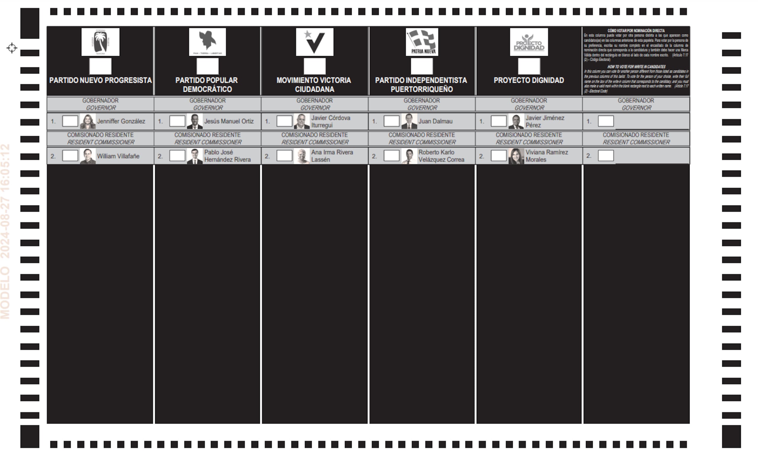 Papeleta modelo con candidatos a la Gobernación y comisaría residente en Washington.