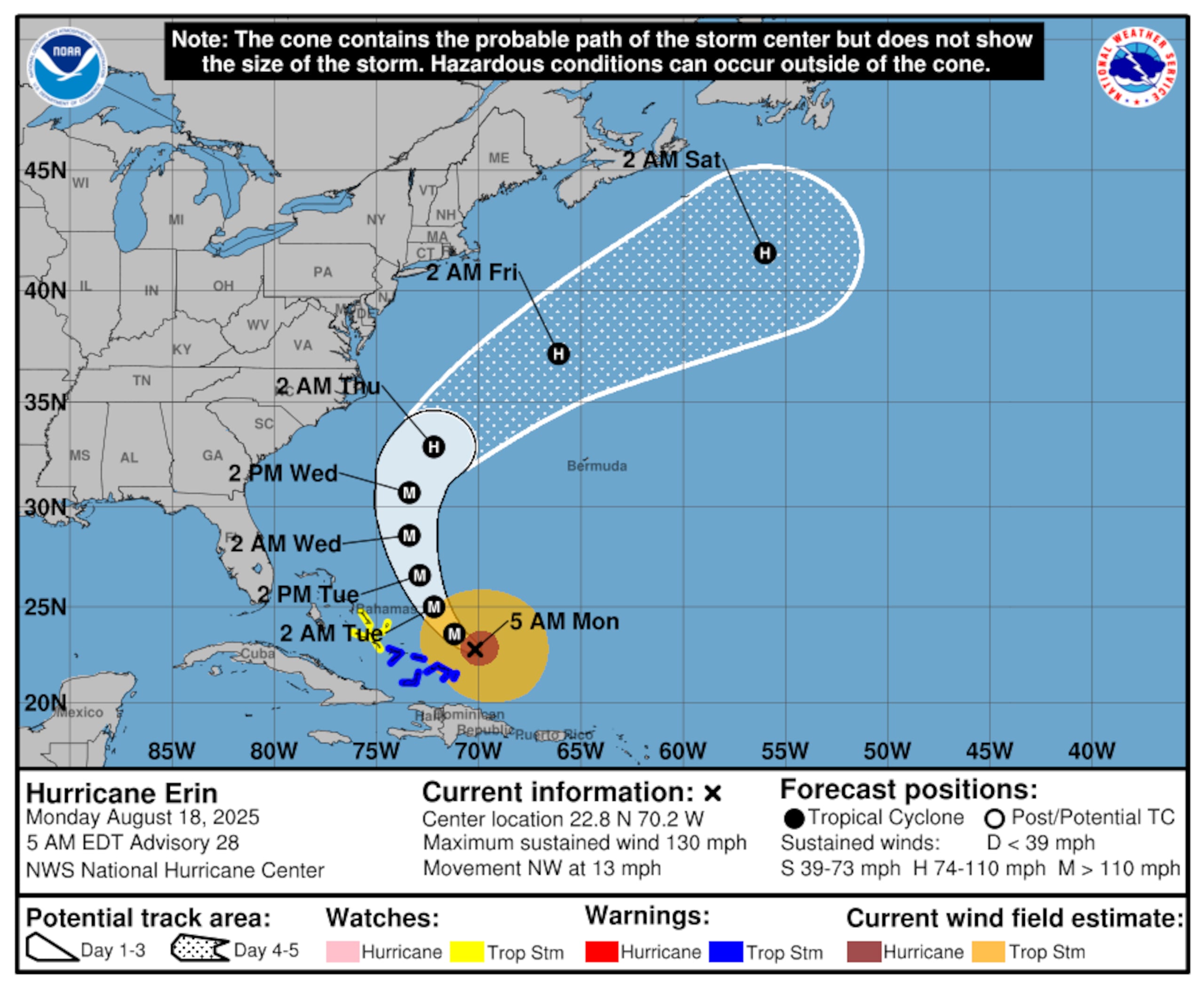 Pronóstico del huracán Erin emitido a las 5:00 de la mañana de este lunes.