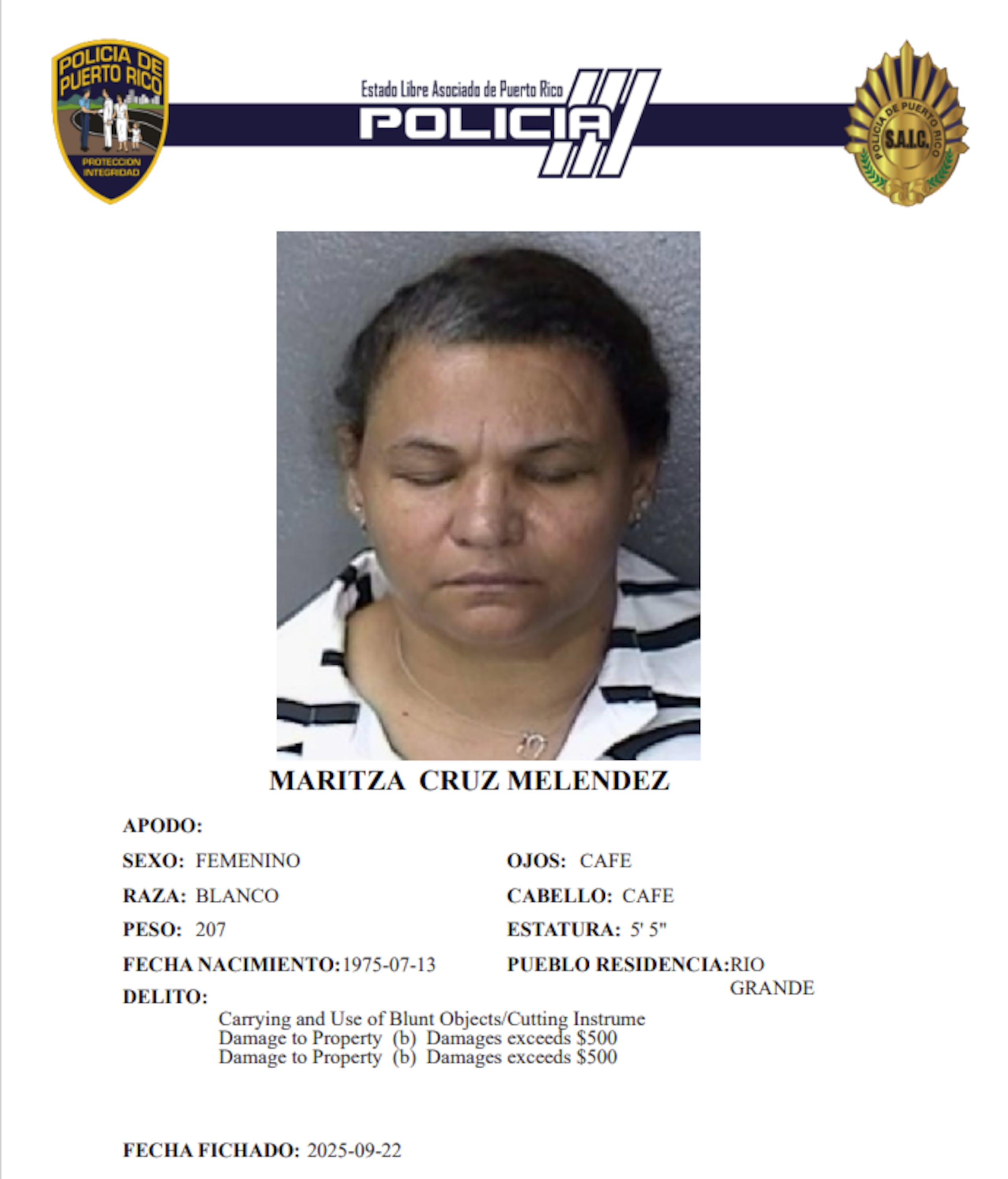 Ficha policíaca de la imputada, Maritza Cruz Méndez, de 50 años y residente de Río Grande.