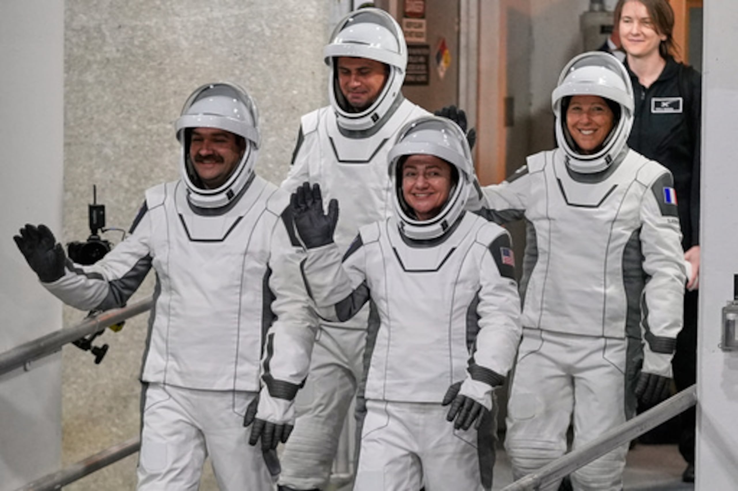 Los astronautas de la misión Crew 12, desde la izquierda, el piloto Jack Hathaway, el cosmonauta ruso Andrei Fedyaev, la comandante Jessica Meir y la astronauta de la ESA Sophia Adenot, de Francia.