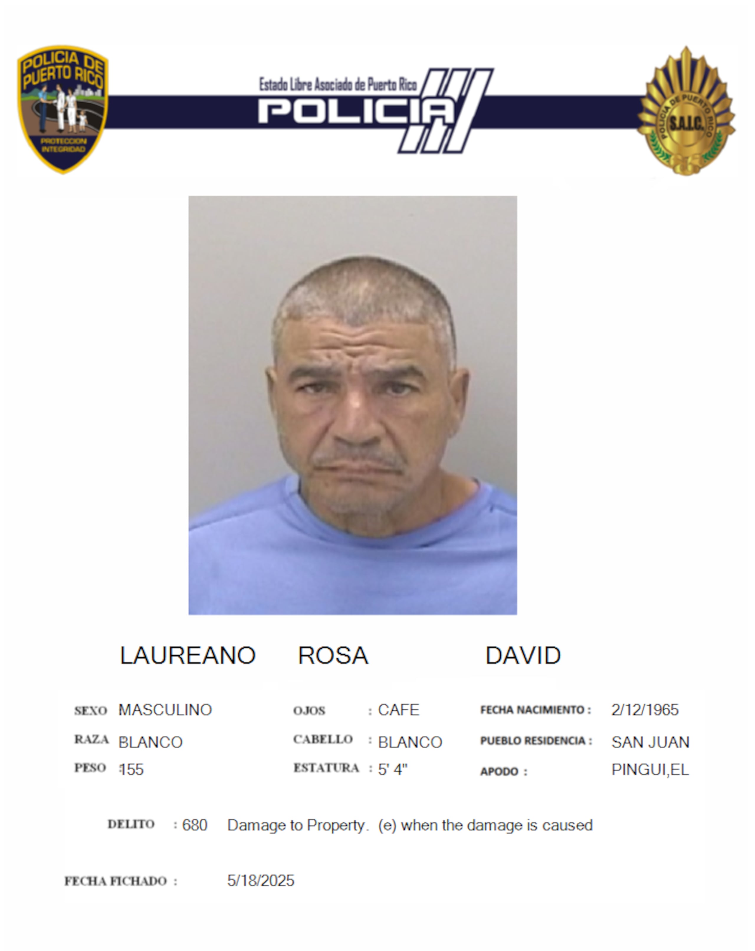 David Laureano Rosa, fue acusado por daños a la propiedad en su modalidad grave.