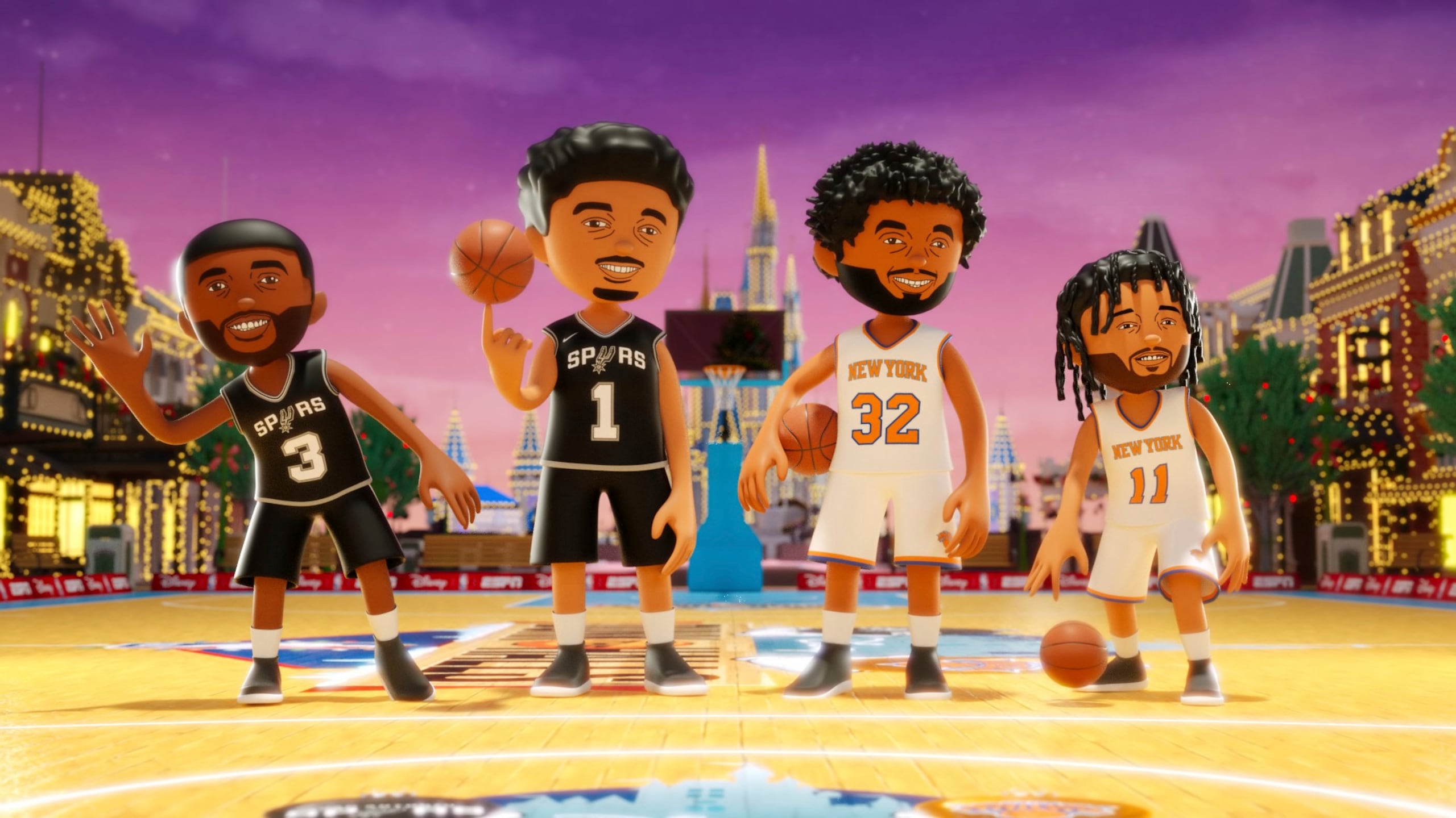 Iustraciones que dio a conocer ESPN con Chris Paul y Victor Wembanyama de los Spurs, así como Karl-Anthony Towns y Jalen Brunson de los Knicks de Nueva York antes del juego animado del Día de Navidad que contará con Mickey Mouse, Minnie Mouse y Goofy. (ESPN via AP)