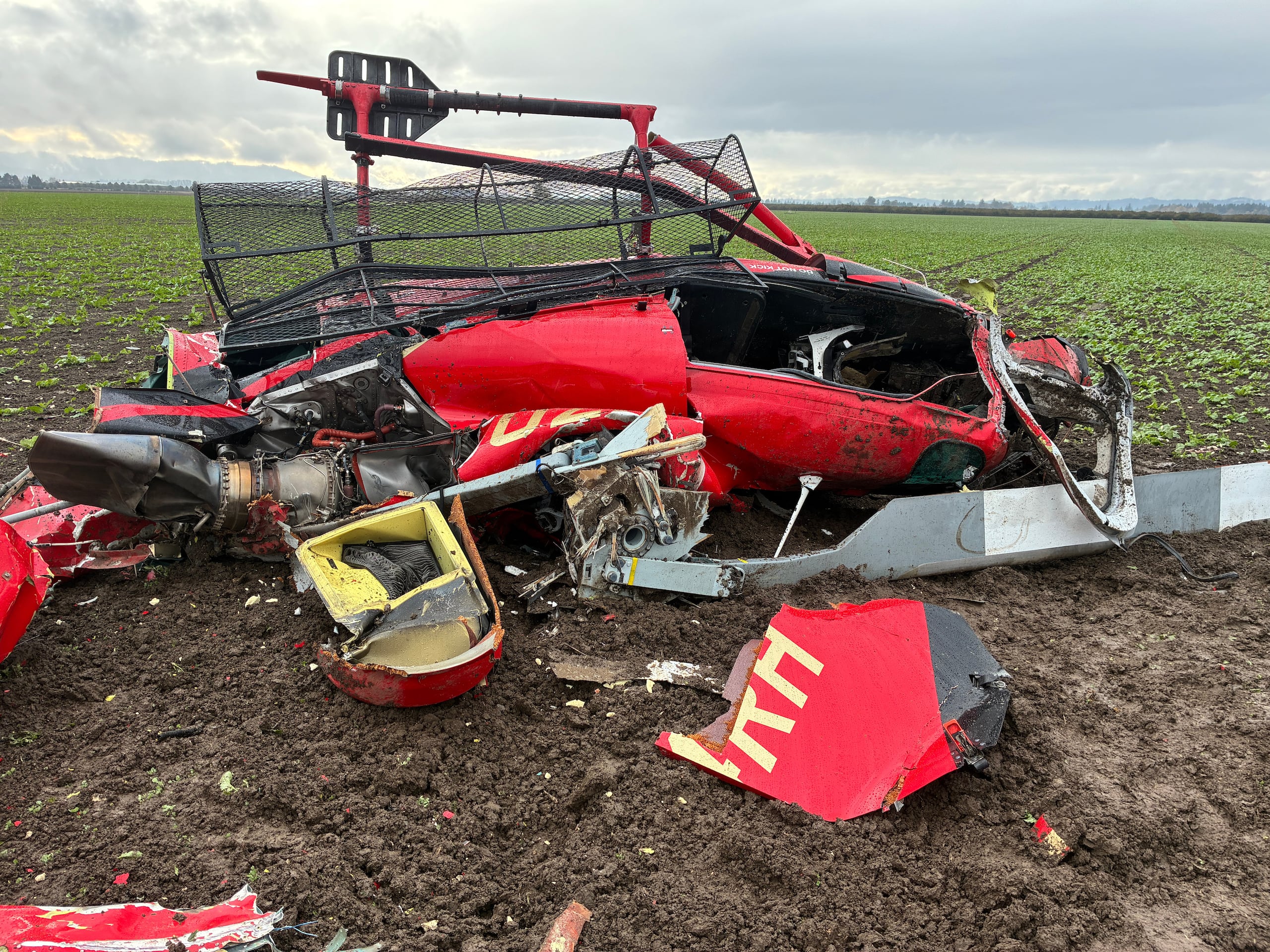 Fotografías publicadas por la oficina del jefe policial muestran un helicóptero verde destrozado y volcado boca abajo en un campo.