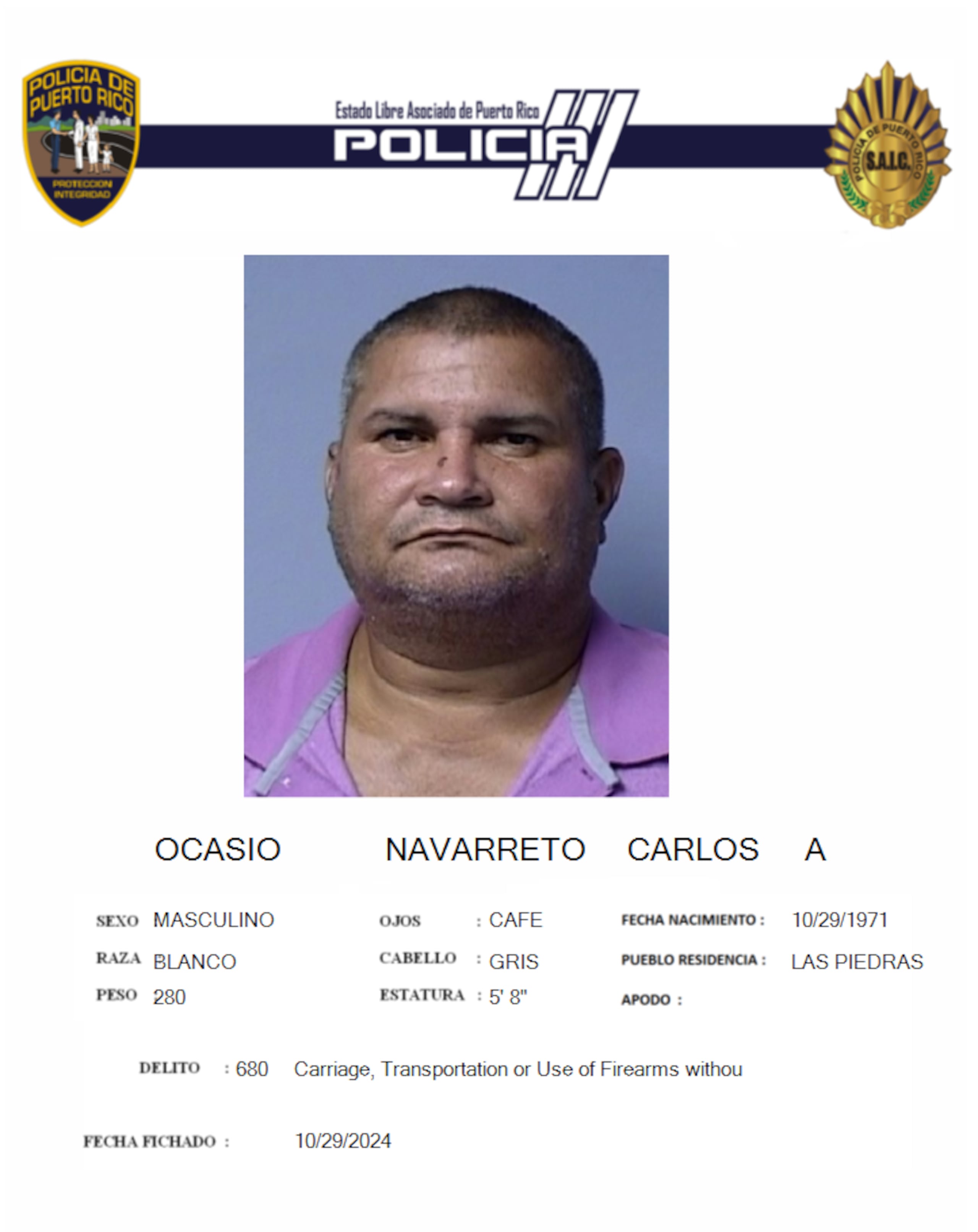 Carlos A. Ocasio Navarreto fue acusado por maltrato de animales y violación a la Ley de Armas.