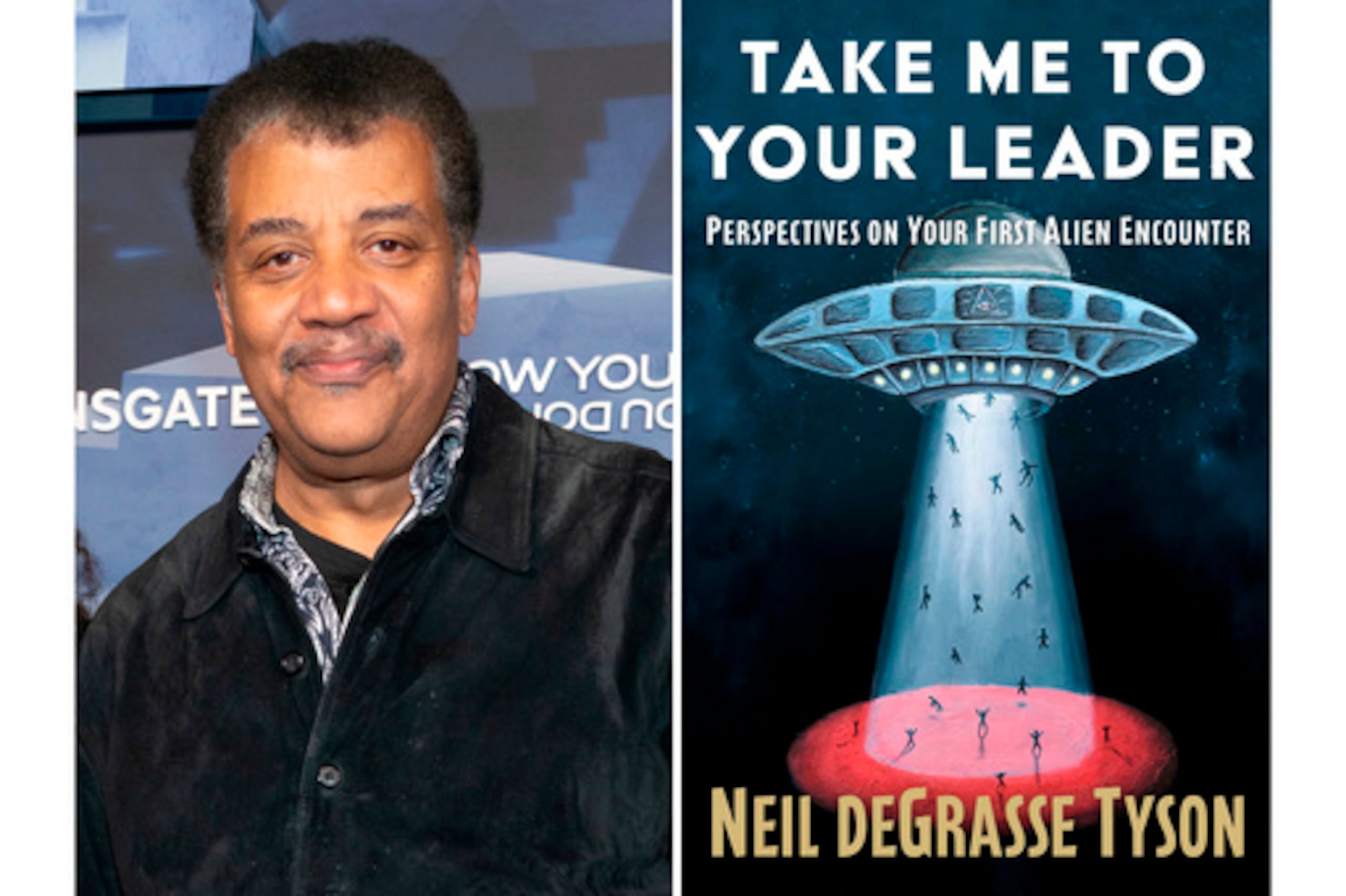 Esta combinación de imágenes muestra a Neil deGrasse Tyson en el estreno de "Now You See Me: Now You Don't" en Nueva York el 10 de noviembre de 2025, a la izquierda, y la portada de su libro "Take Me to Your Leader: Perspectivas sobre tu primer encuentro extraterrestre". (AP Photo, izquierda, y Simon & Schuster vía AP)
