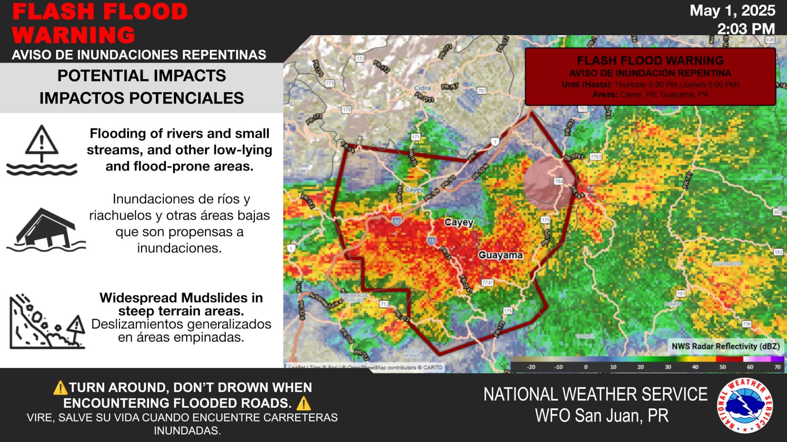 Aviso de inundaciones repentinas en Cayey y Guayama el 1 de mayo de 2025.