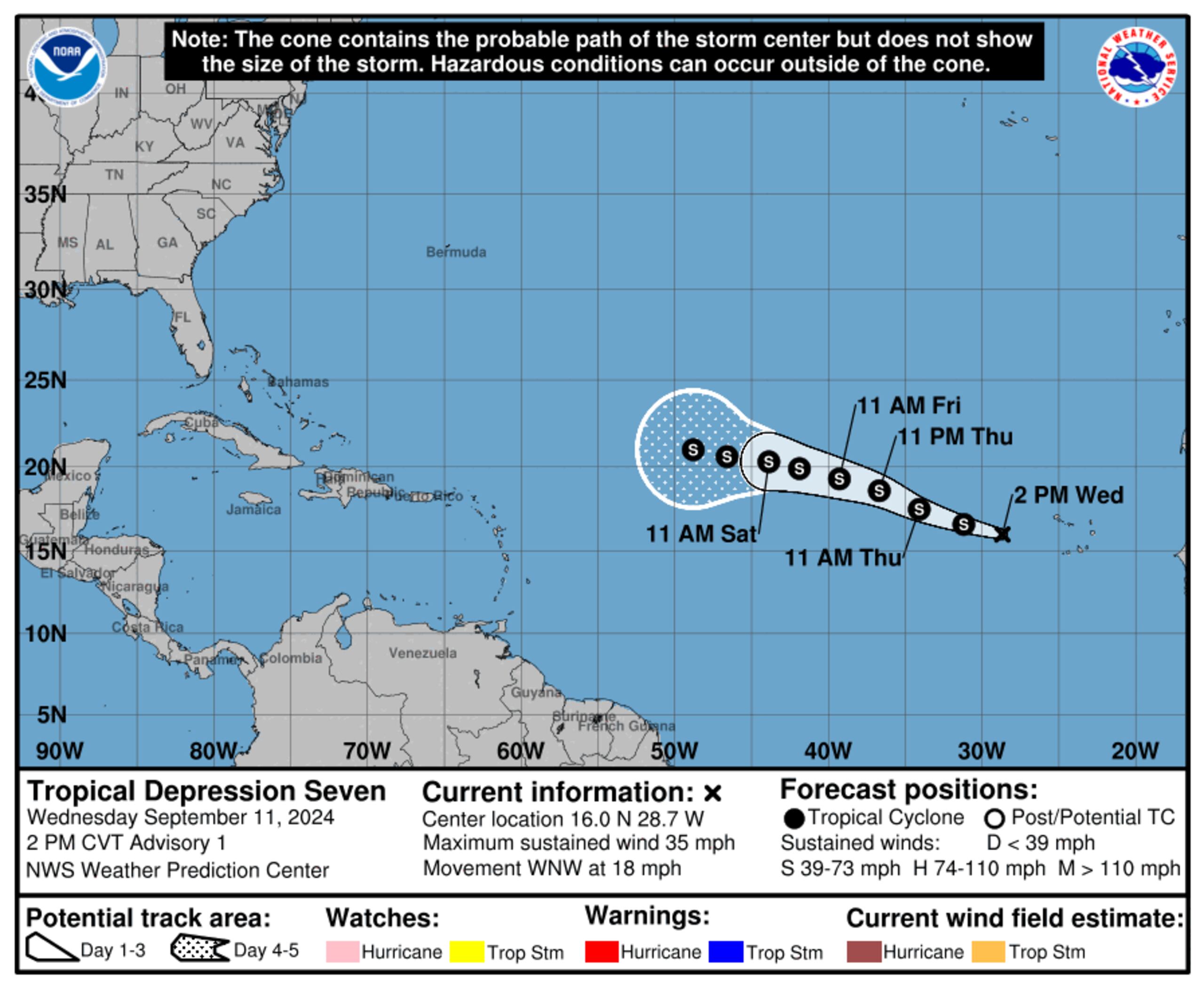 Trayectoria de la depresión tropical siete. Si se convierte en tormenta se llamaría Gordon.