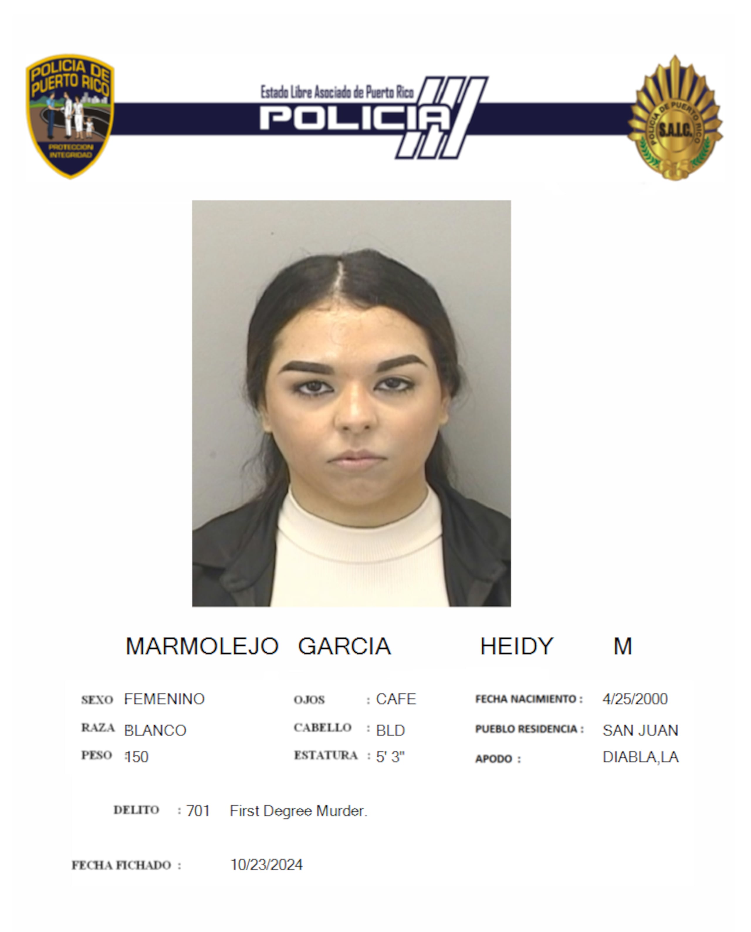 Heidy M. Marmolejo García, alias La Diabla, enfrenta cargos por dos asesinatos y violaciones a la Ley de Armas.
