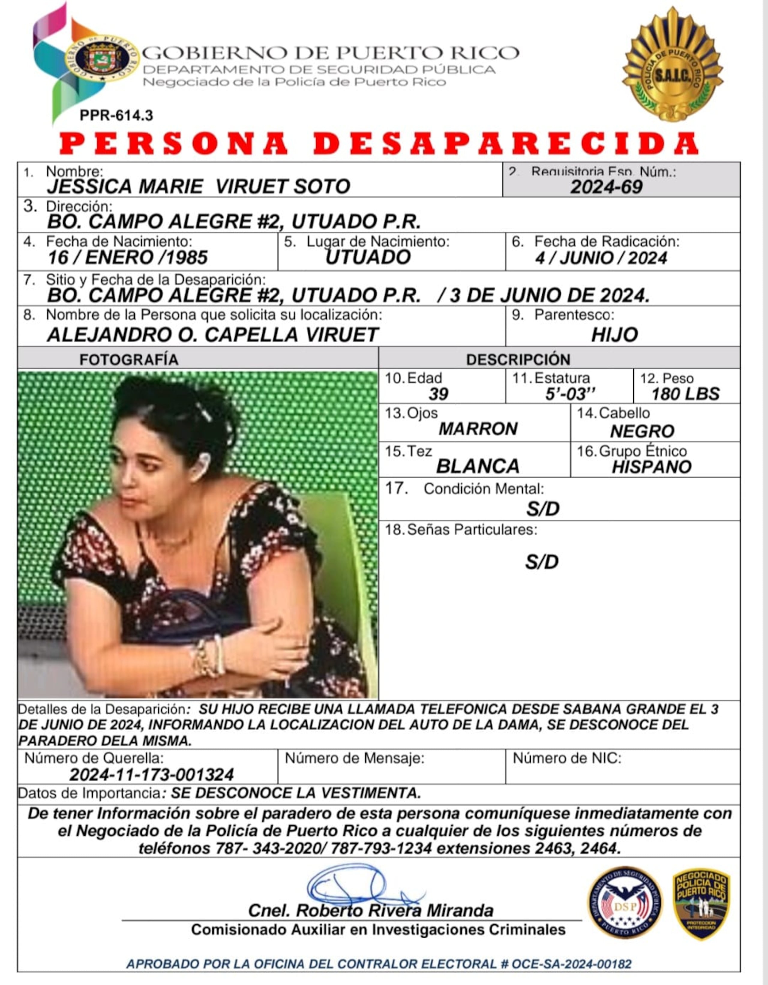 Jessica Marie Viruet Soto, de 39 años, quien fue vista por última vez en los predios de su hogar en el barrio Campo Alegre, en Utuado.