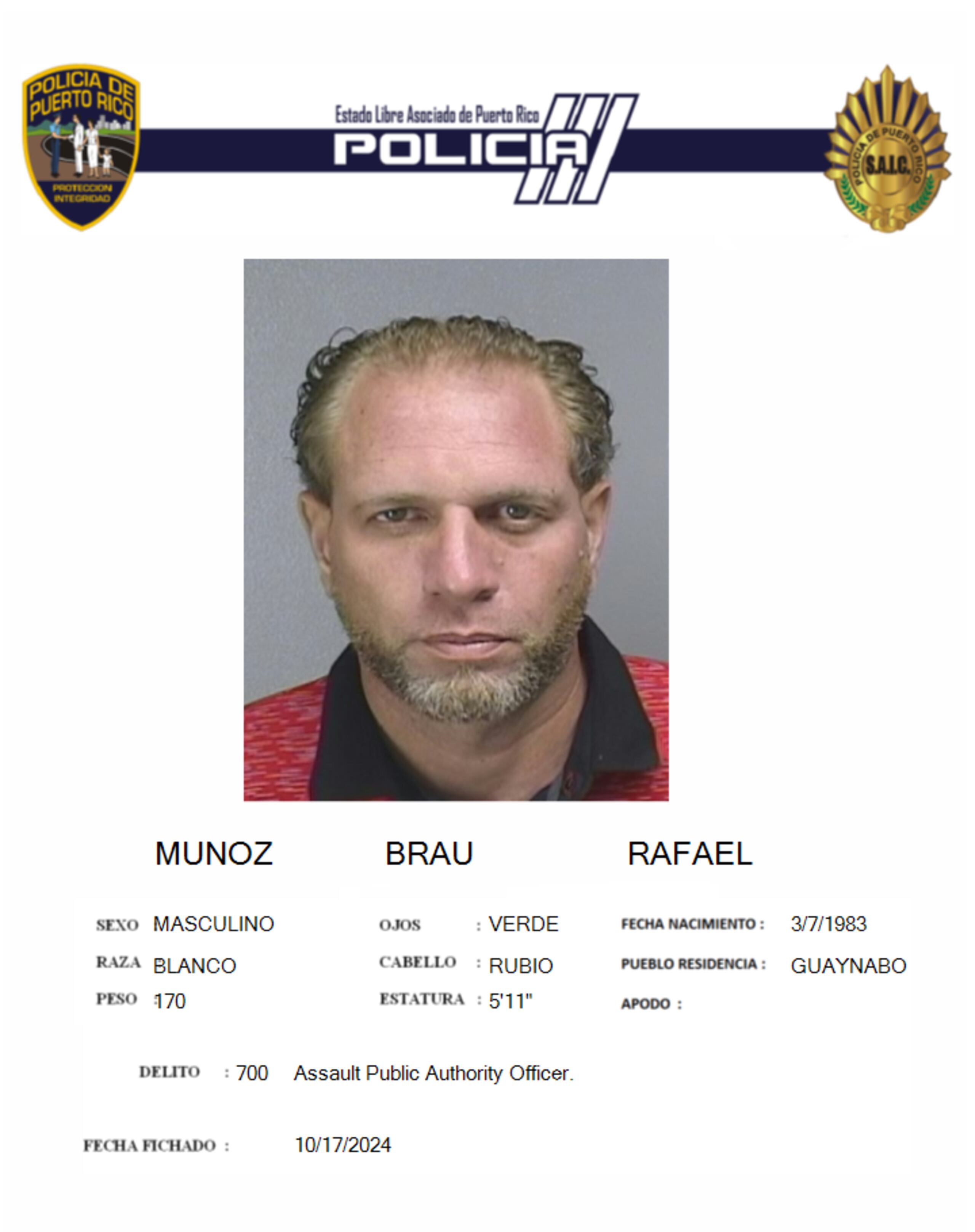 Rafael Muñoz Brado, fue arrestado por conducir una motora de forma negligente, sin licencia ni marbete.