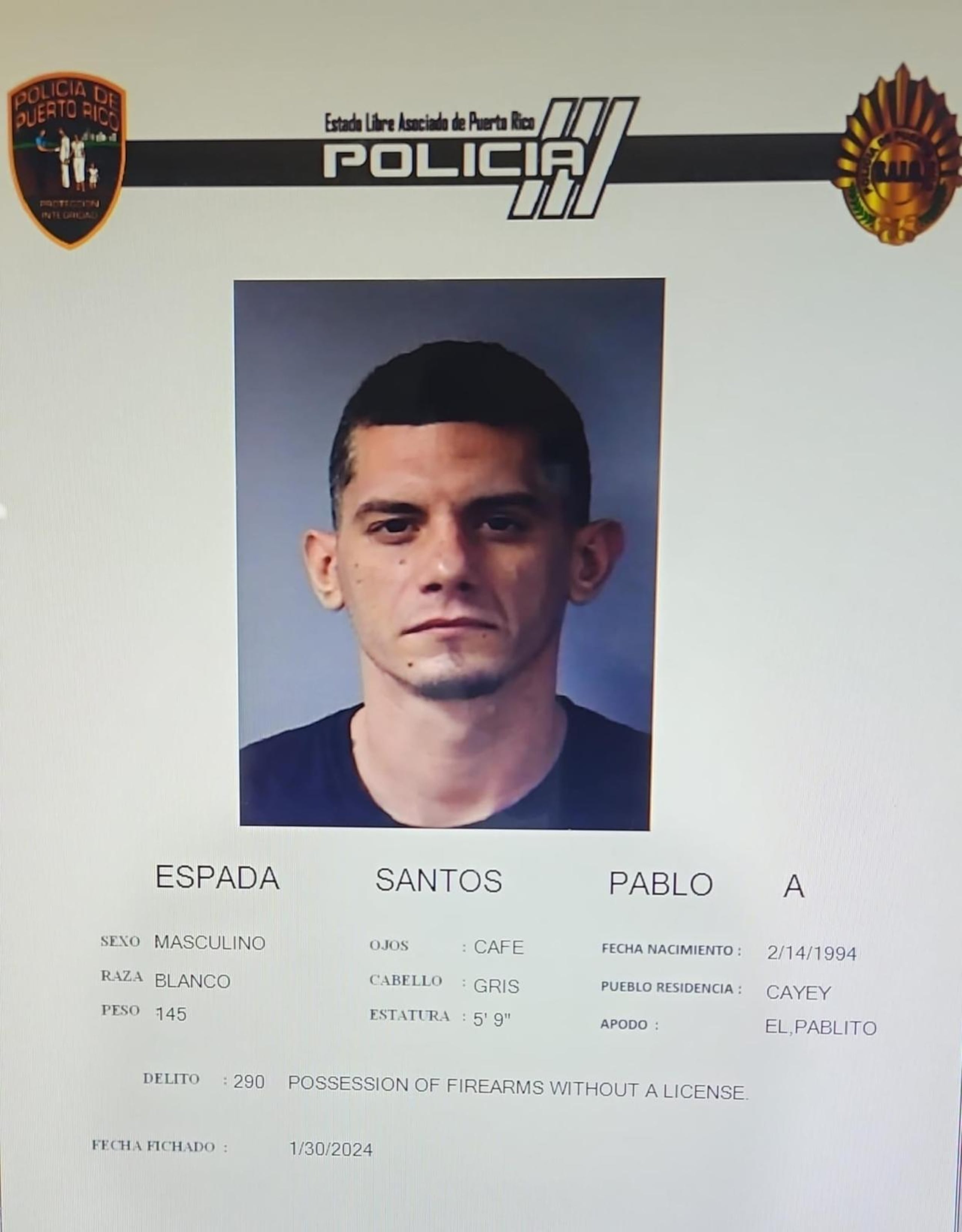 Pablo A. Espada Santos enfrenta acusaciones por violación a la Ley de Armas.