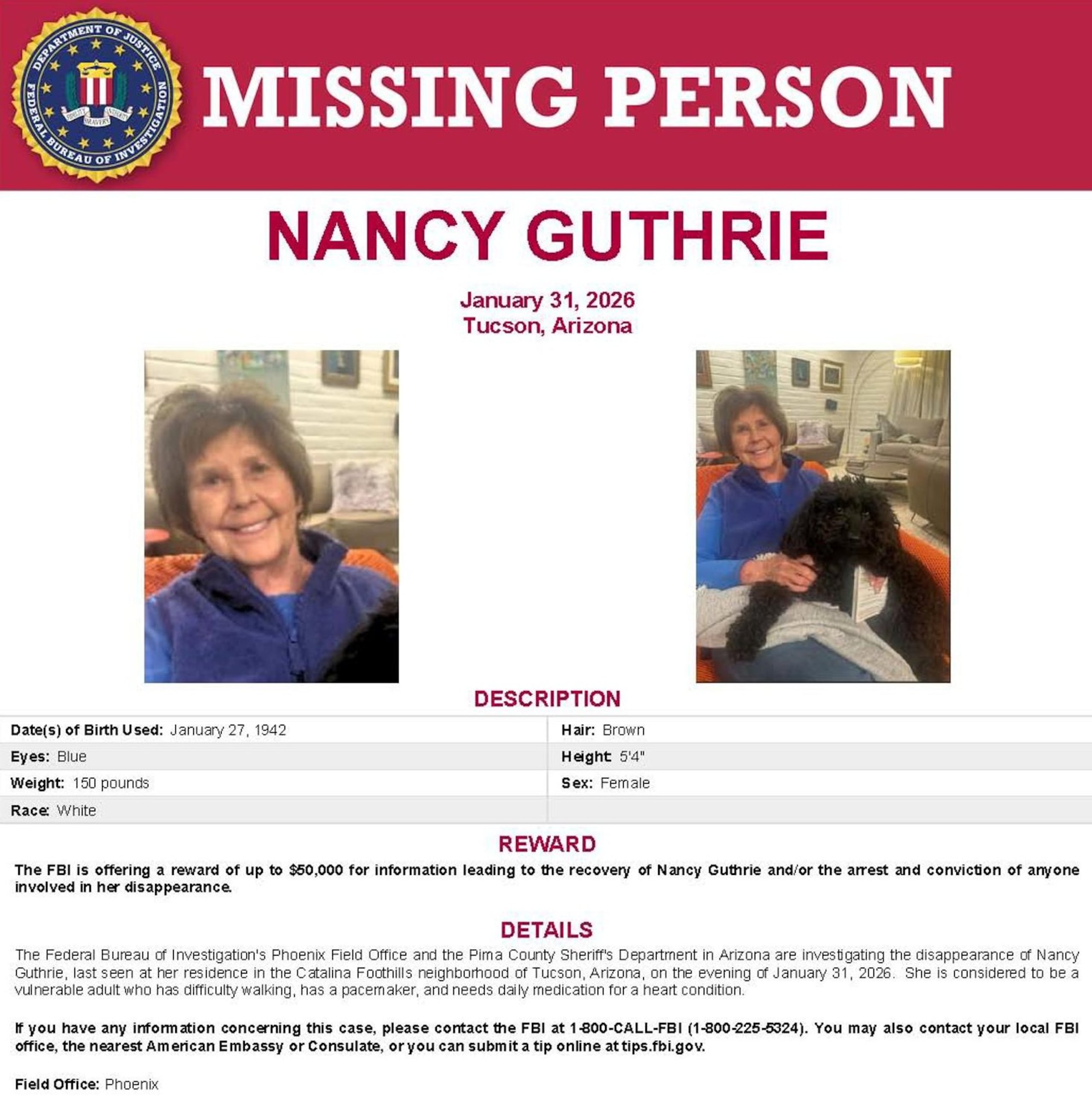 El FBI ofreció una recompensa de hasta $50,000 por información que conduzca a la localización de Nancy Guthrie.
