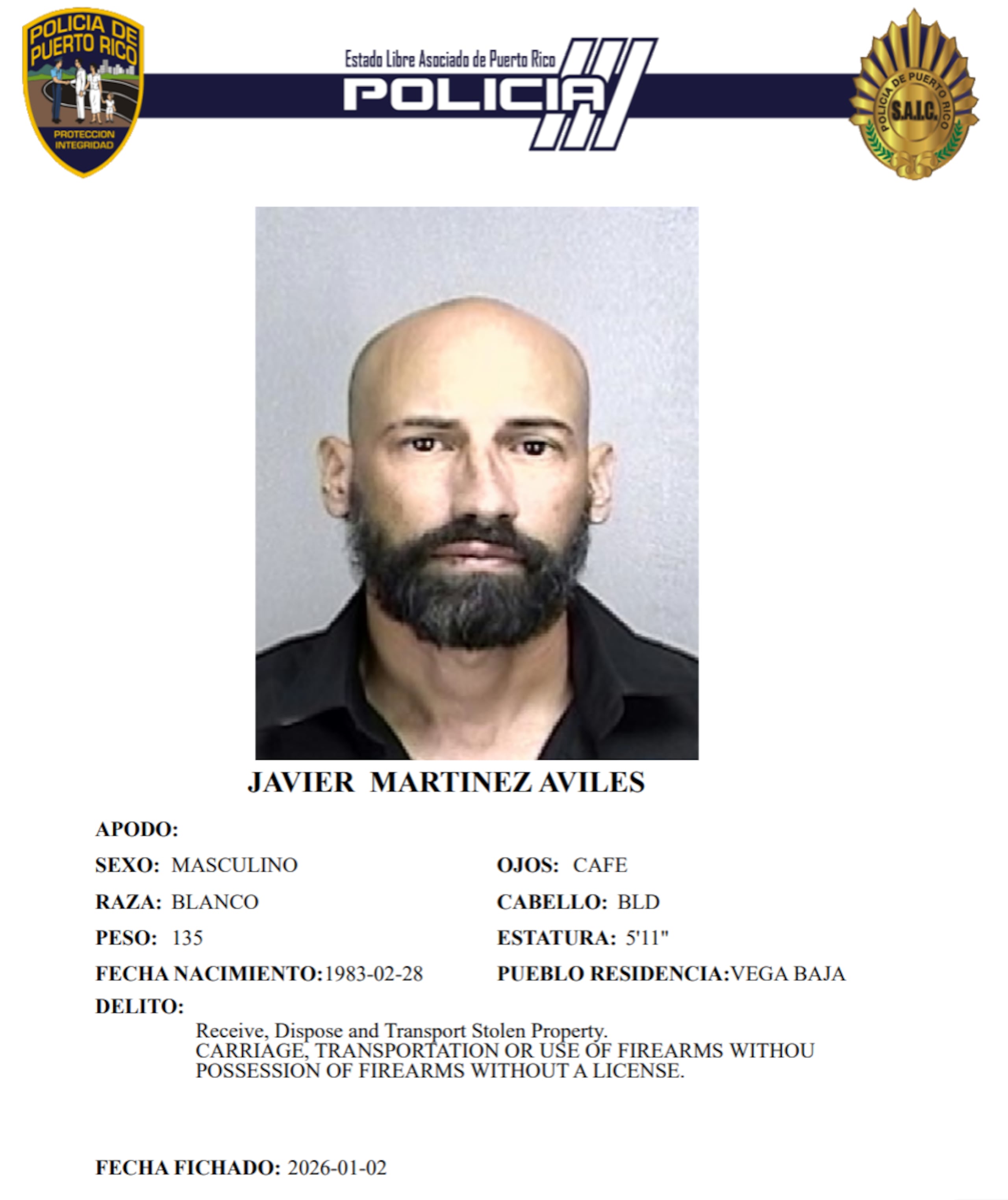 Ficha policiaca de Javier Martínez Avilés.