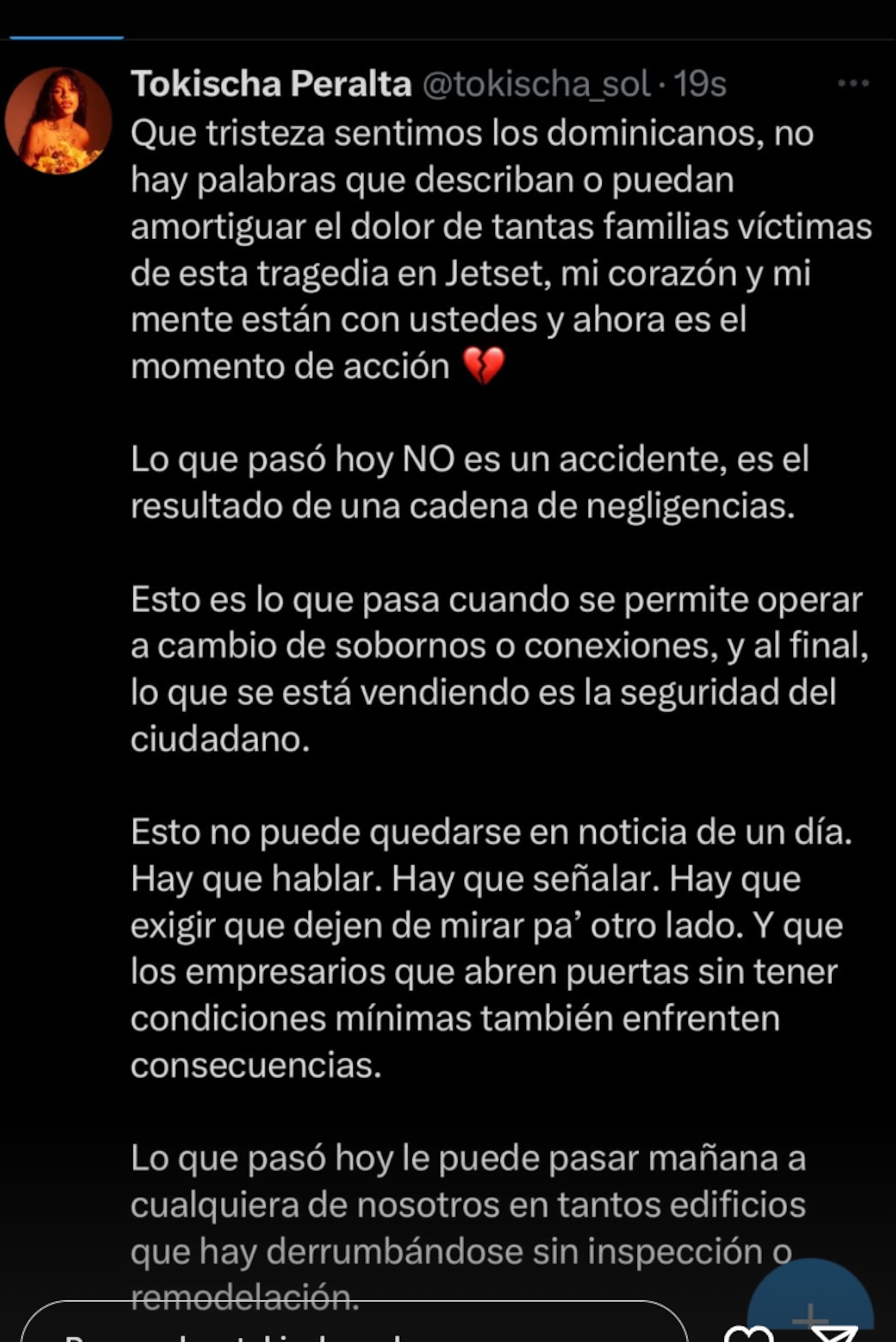 Mensaje de Tokischa sobre el accidente en Jet Set.
