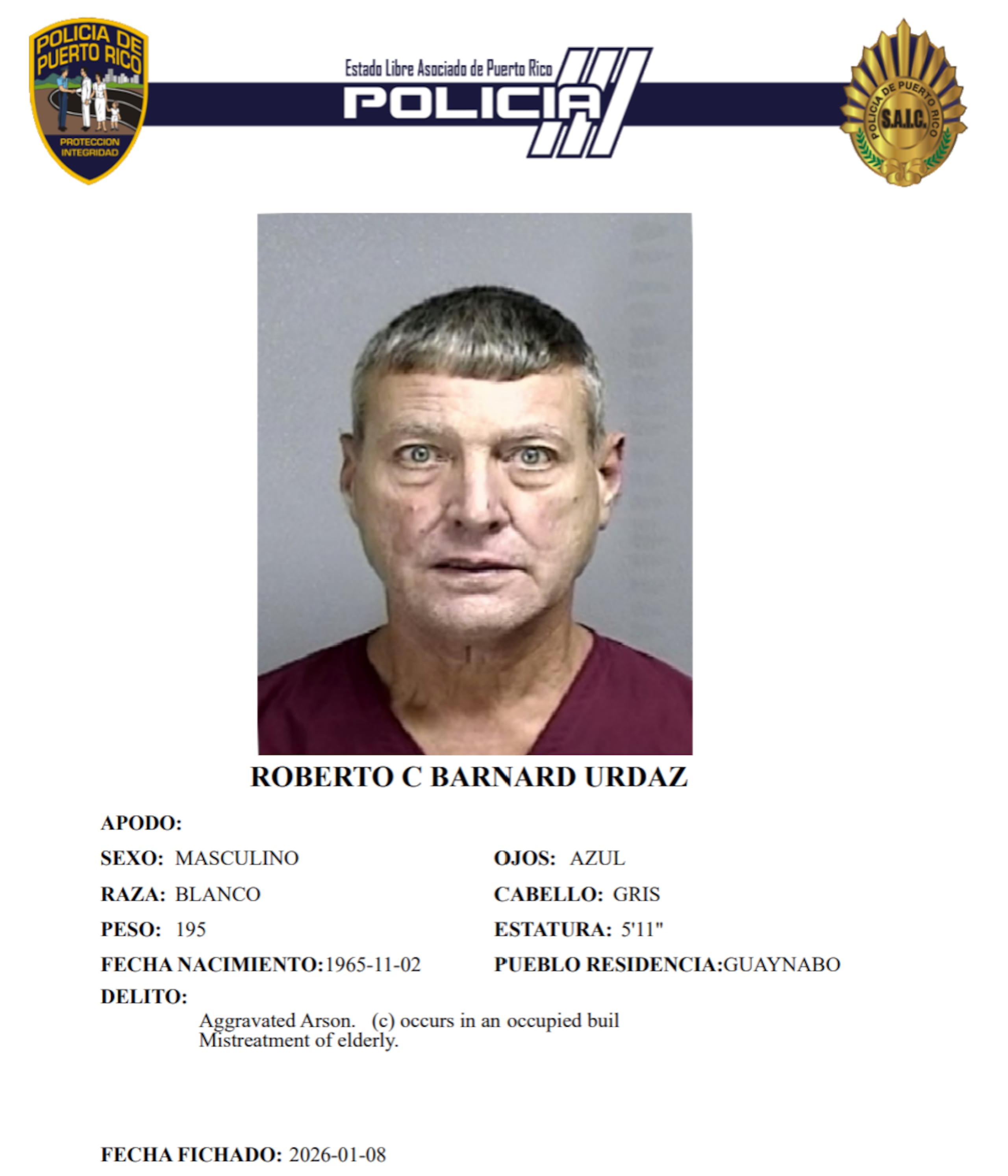 Ficha policiaca de Ricardo C. Barnard Urdaz, de 60 años.