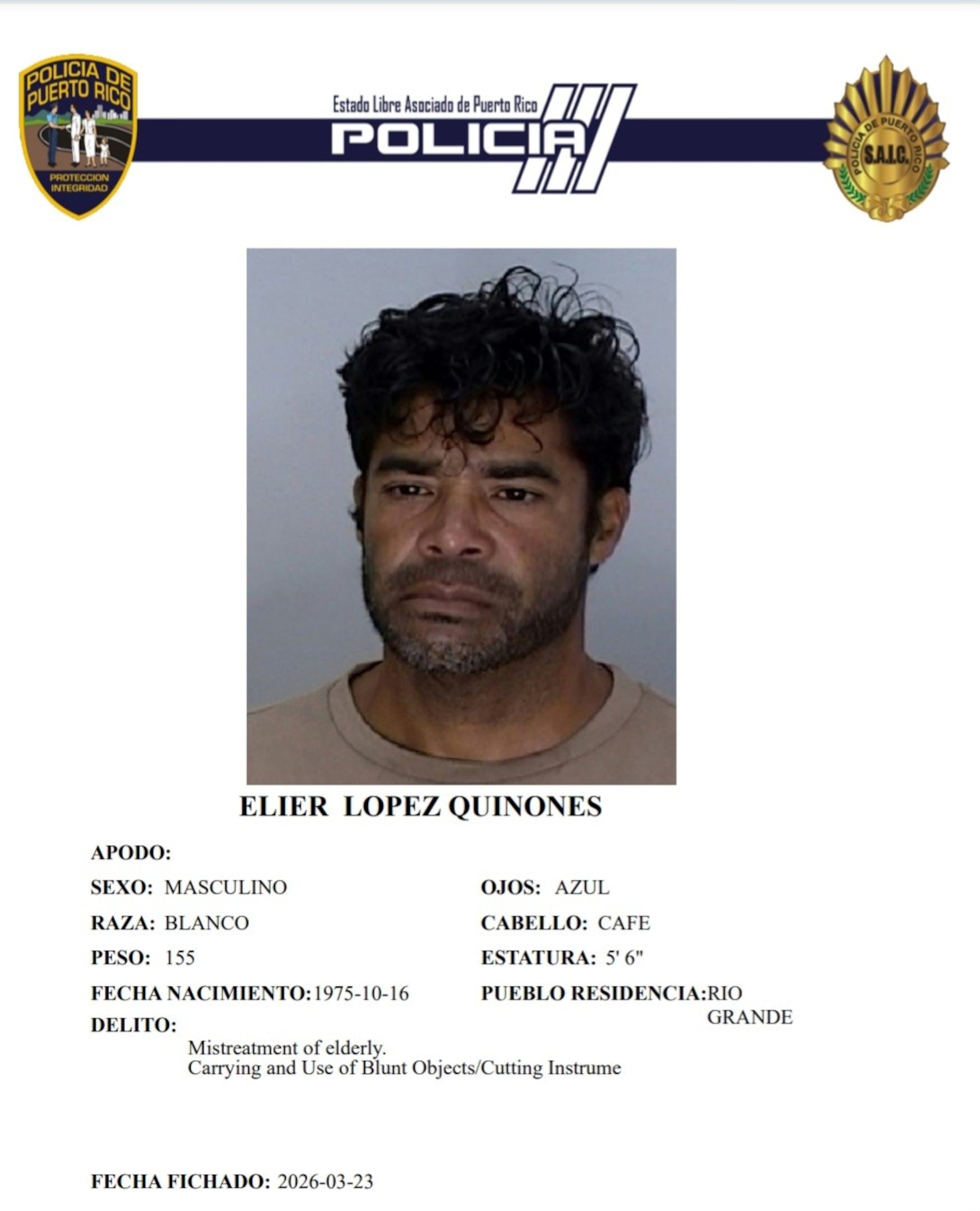 Elier Lópes Quiñones, fue encarcelado tras radicarle cargos por la agresión a su progenitora y violación a la Ley de Armas.