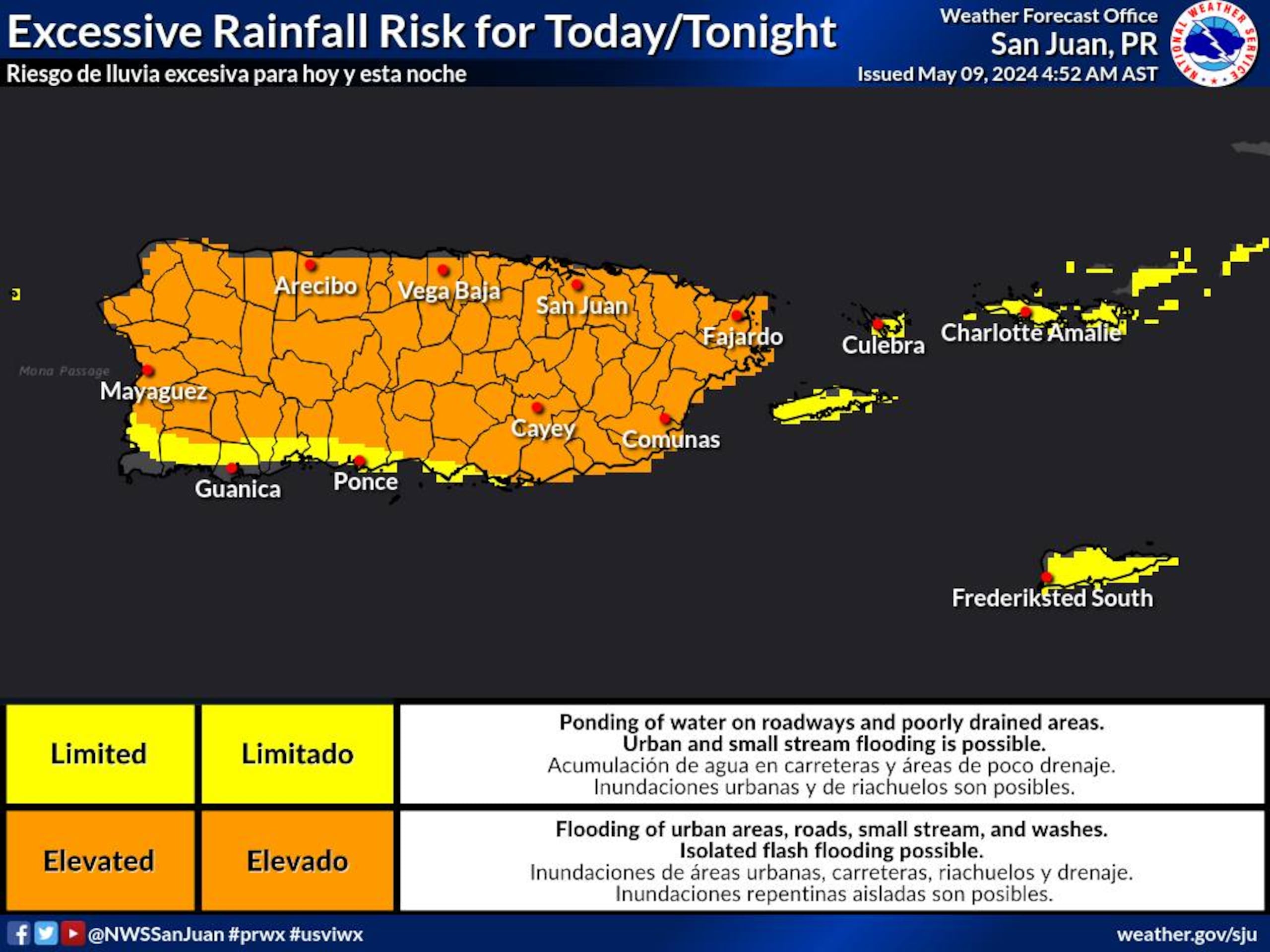 Riesgo de lluvia excesiva pronosticado para el 9 de mayo de 2024.