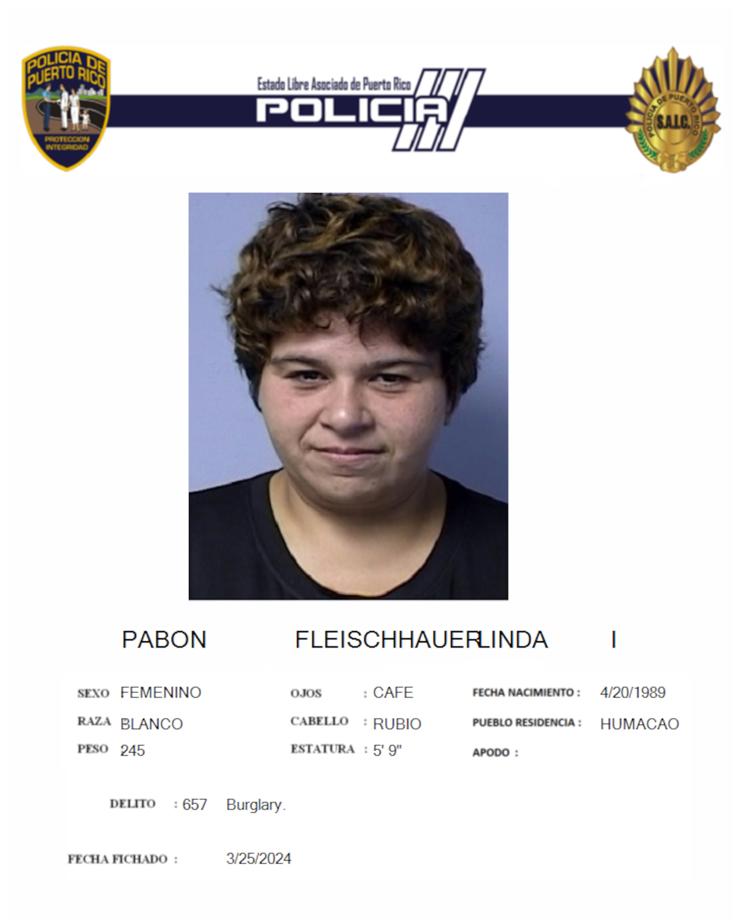 Linda I. Pabón Fleishchhauer fue ingresada en prisión tras ser acusada por violencia doméstica, escalamiento y violación a la Ley de Armas.