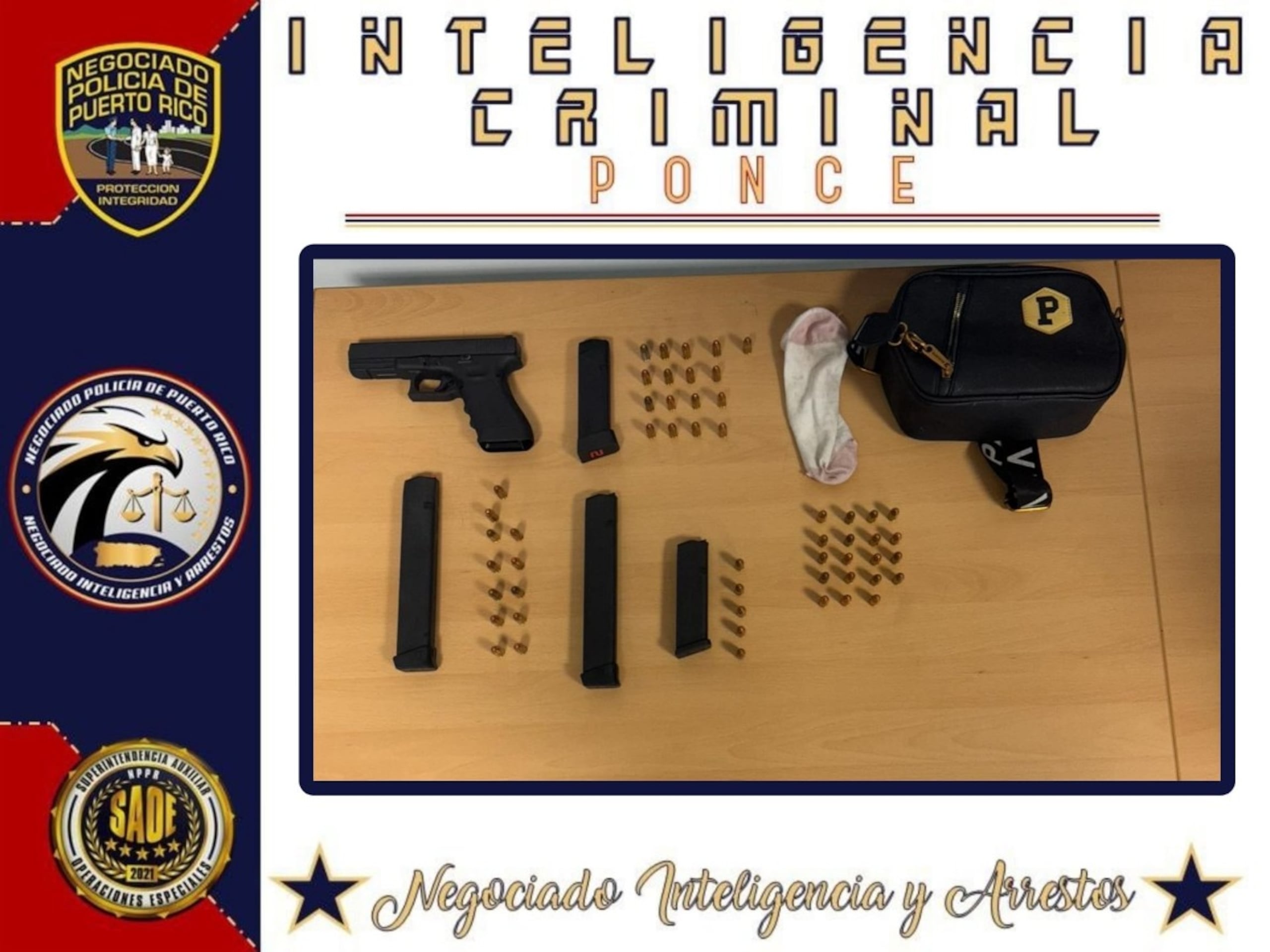 Resultados de un allanamiento en la comunidad Serrano, en Juana Díaz, donde se ocupó una pistola Glock, modelo 17, modificada para disparar en automático, cuatro cargadores y 53 municiones de calibre 9 milímetros.