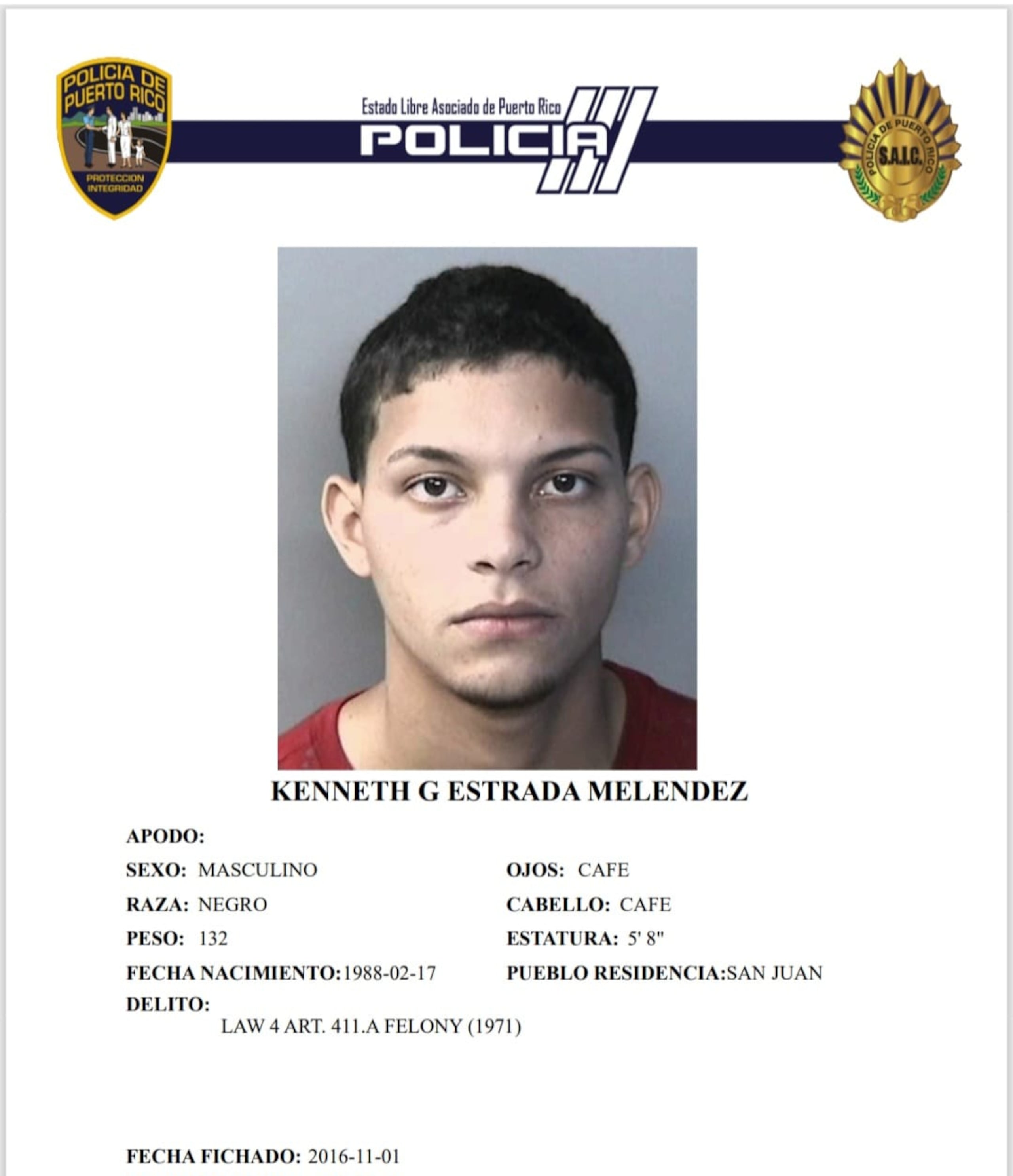 Kenneth G. Estrada Meléndez, arrestado en Vega Baja, sería entrevistado para confirmar o descartar si era el objetivo de pistoleros en la Barriada La Perla, donde fue asesinado un turista, que era una víctima inocente.