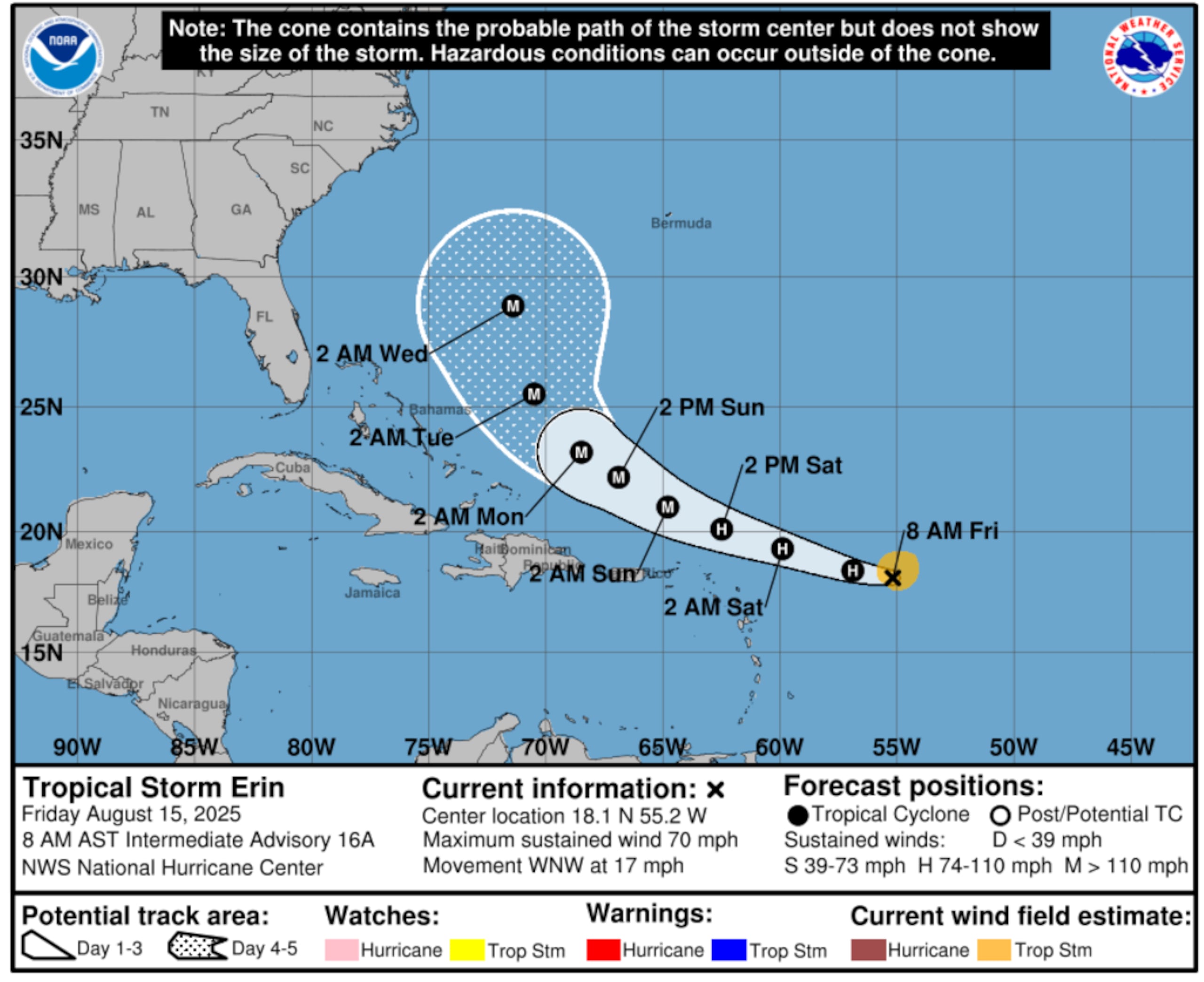 Mapa del pronóstico de trayectoria y cono de incertidumbre de la tormenta tropical Erin a las 8:00 a.m. del viernes, 15 de agosto de 2025.