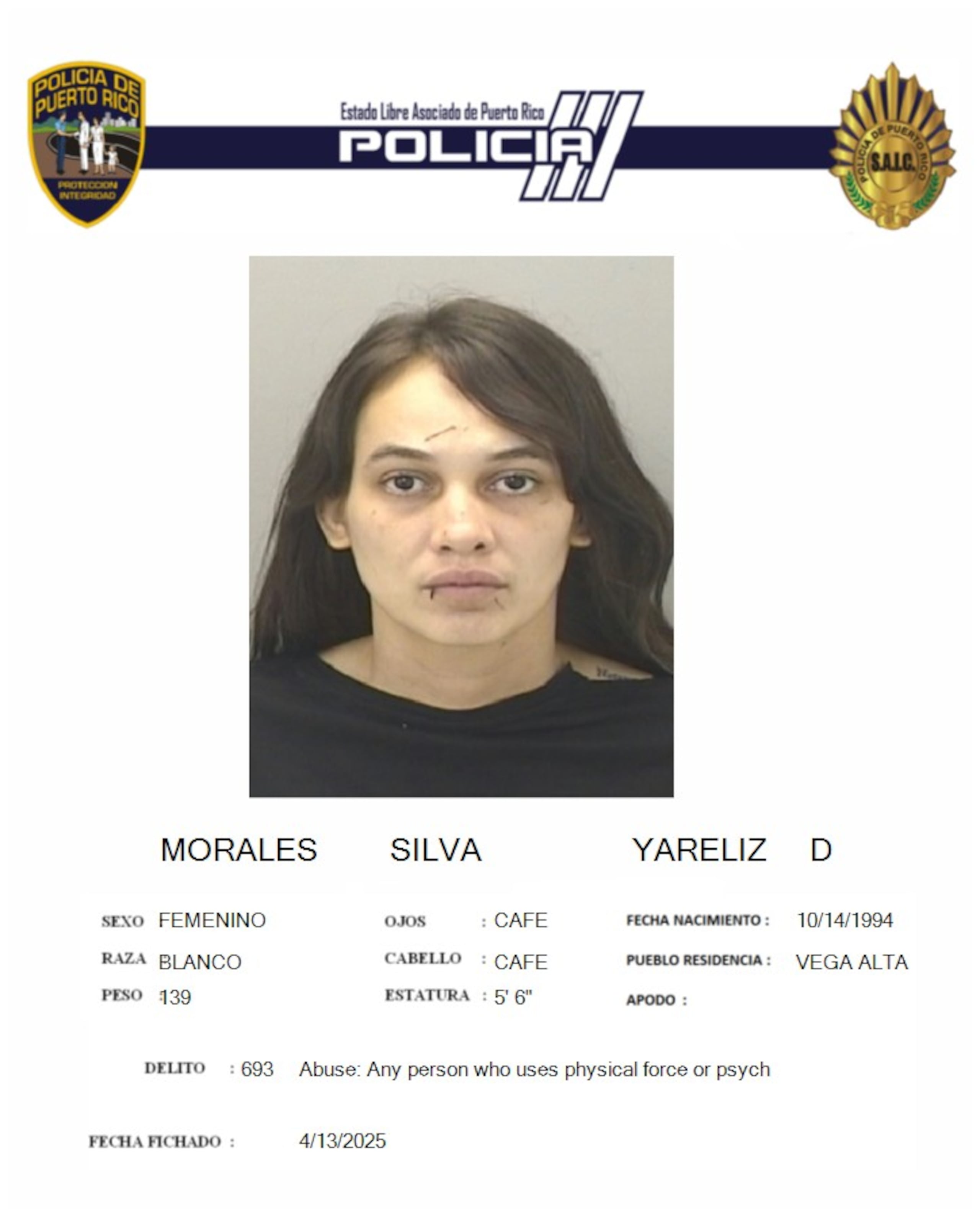 Yareliz D. Morales Silva, fue acusada por violencia doméstica y uso de un arma blanca, en una discusión con su pareja, en Vega Alta.