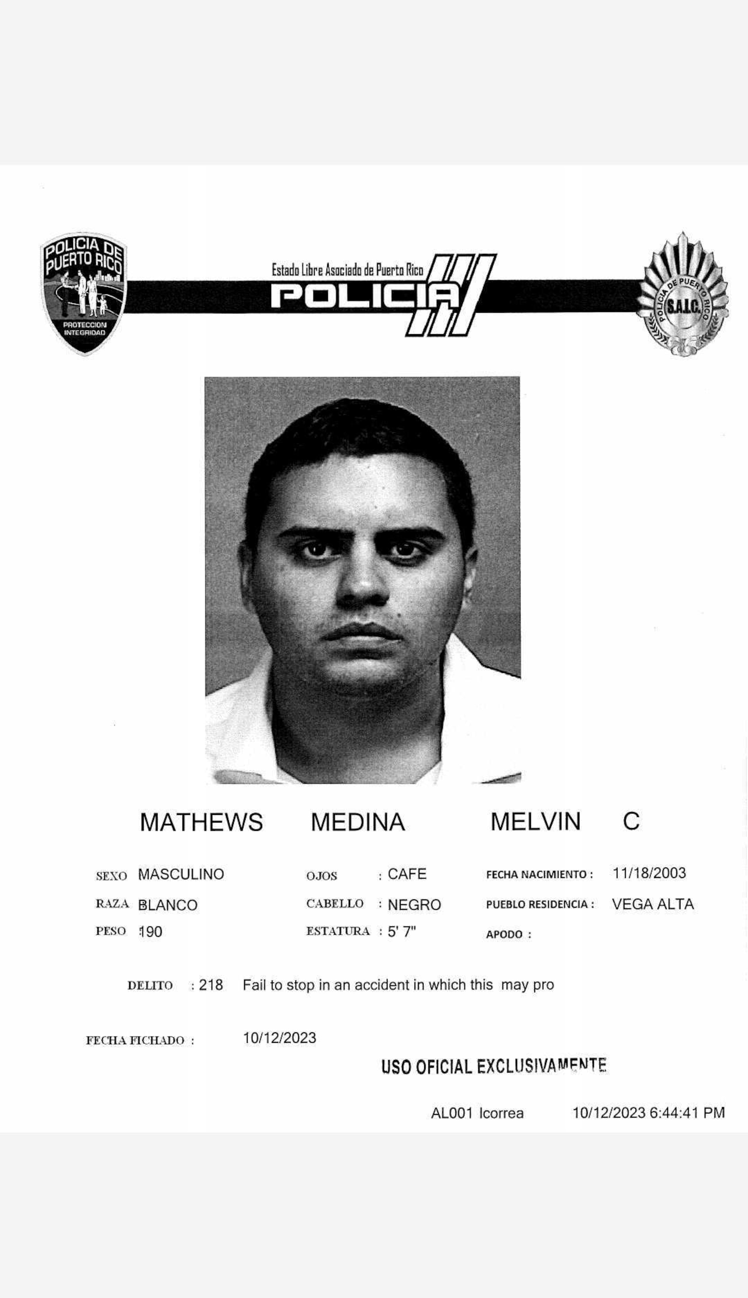 A Mathews Medina se le impuso una fianza ascendente a $25 mil.