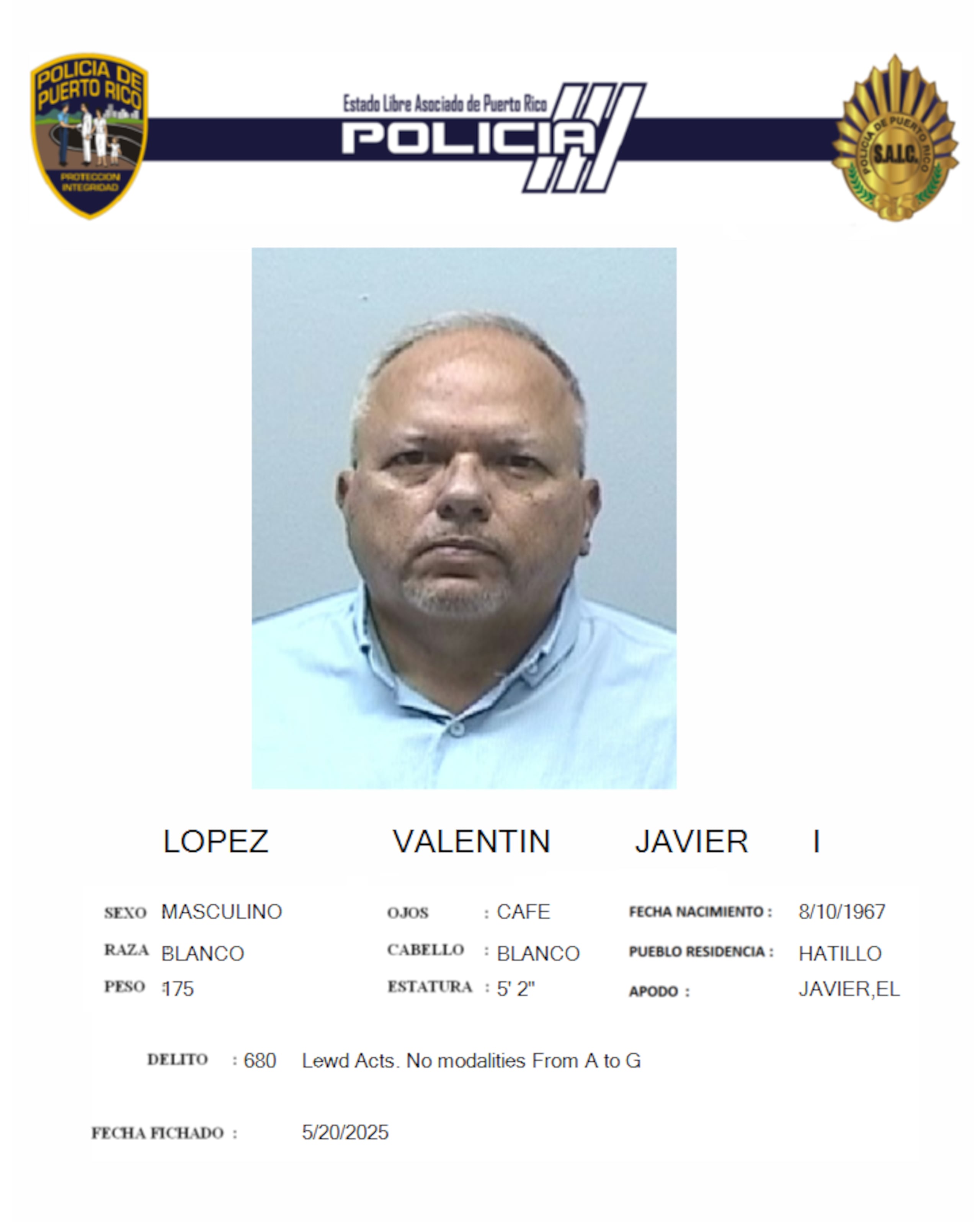Javier I. López Valentín, está acusado por agresión sexual y actos lascivos.