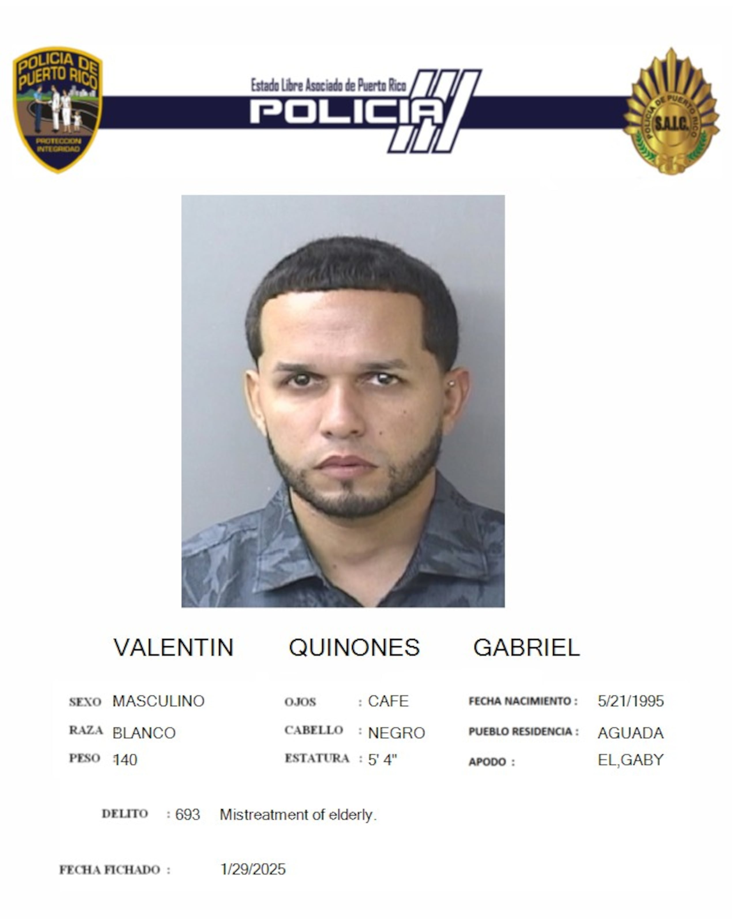 Gabriel Valentín Quiñones, de 29 años y residente en Aguada, fue encarcelado tras ser acusado por hurto de un vehículo.