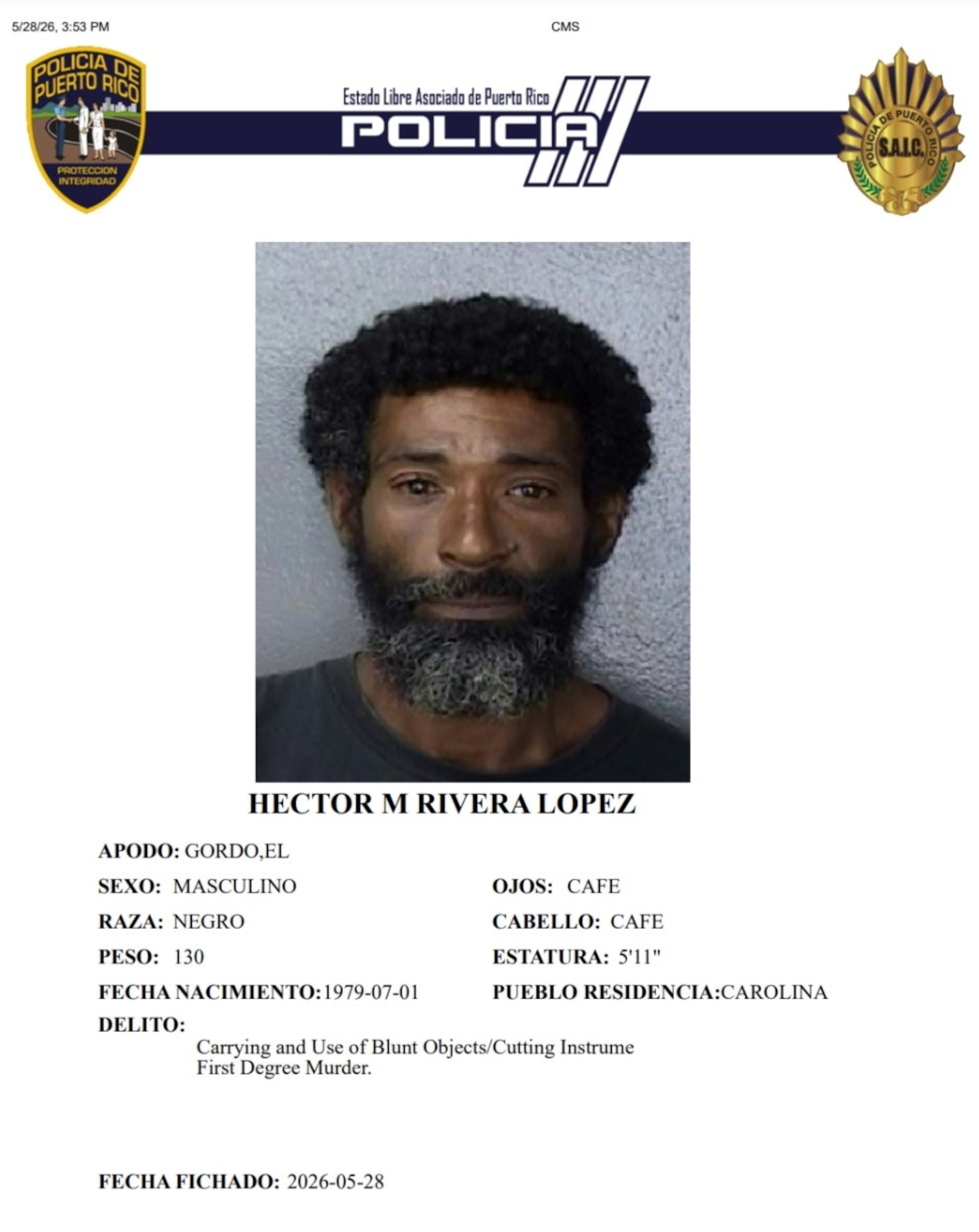 Héctor M. Rivera López, enfrenta cargos por el asesinato de un septuagenario en Carolina.