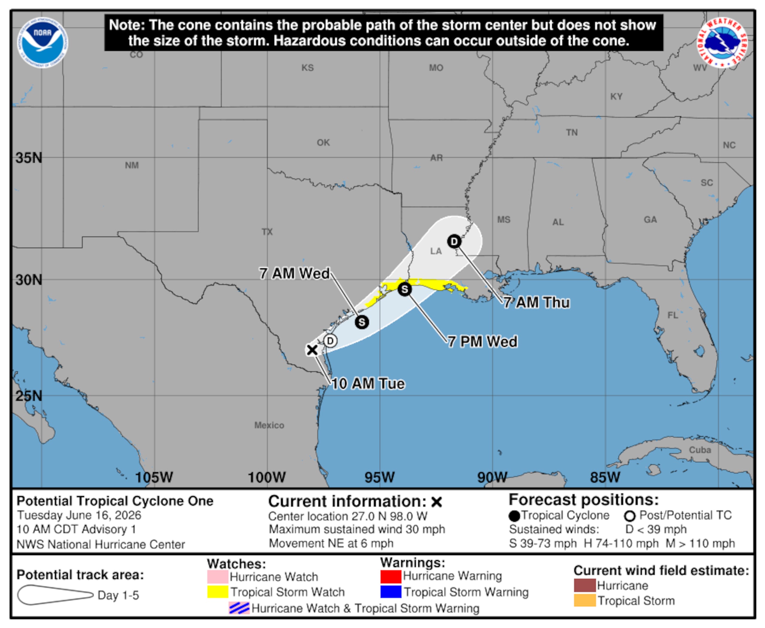 Trayectoria pronosticada para el potencial ciclón tropical uno. (NOAA)