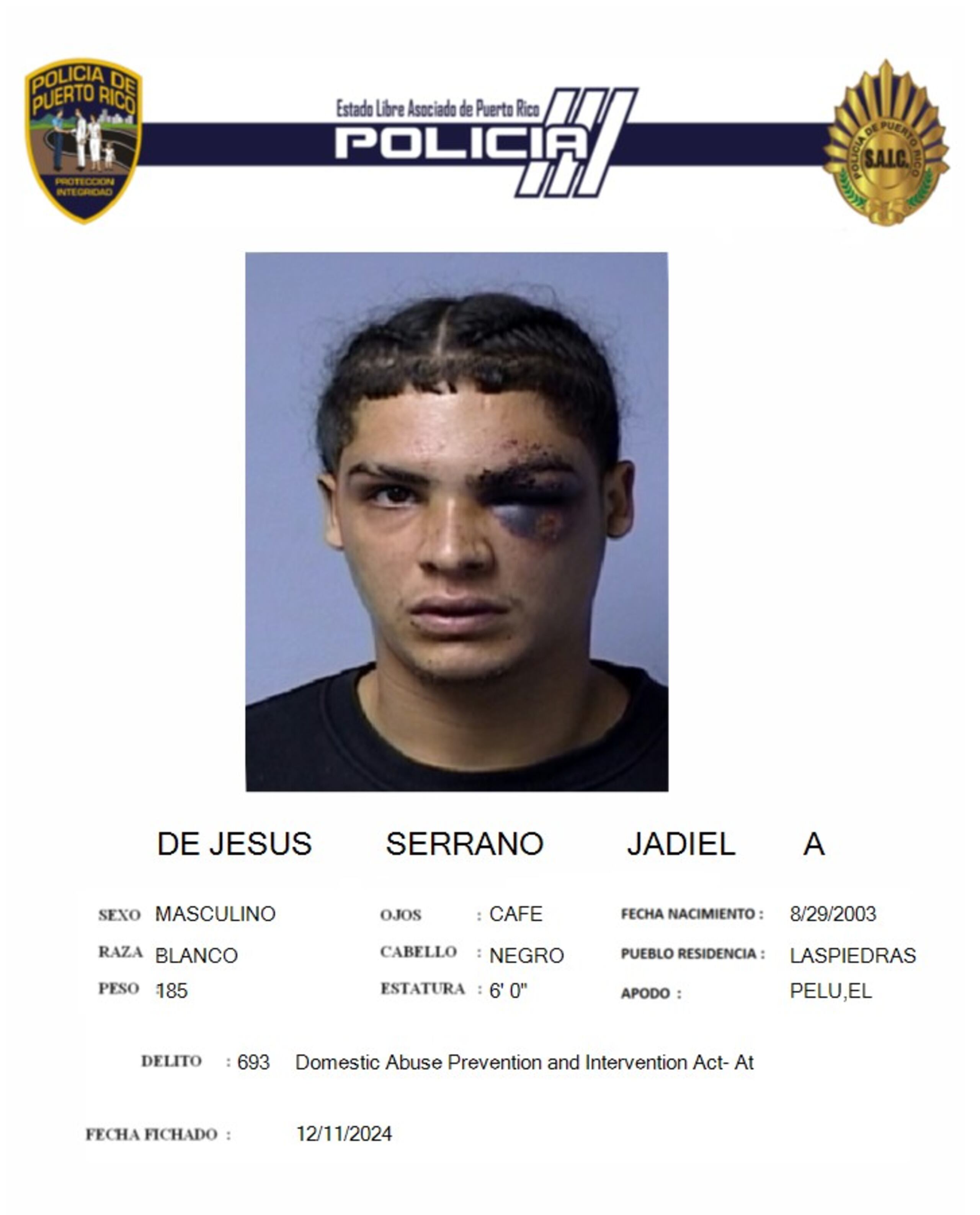 Jadiel A. De Jesús Serrano enfrenta cargos por violencia doméstica y violación a la Ley de Armas.