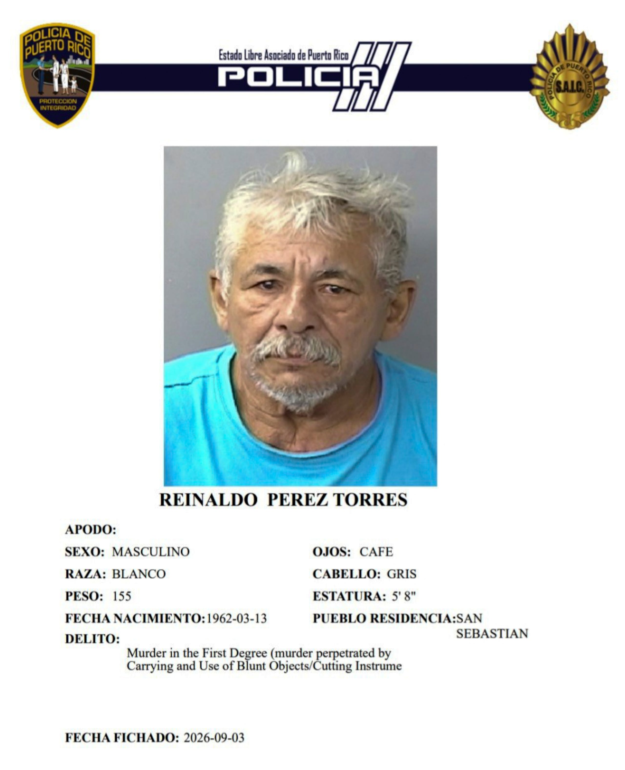 Reynaldo Pérez Torres de 64 años, enfrenta cargos por tentativa de asesinato y violación a la Ley de Armas.