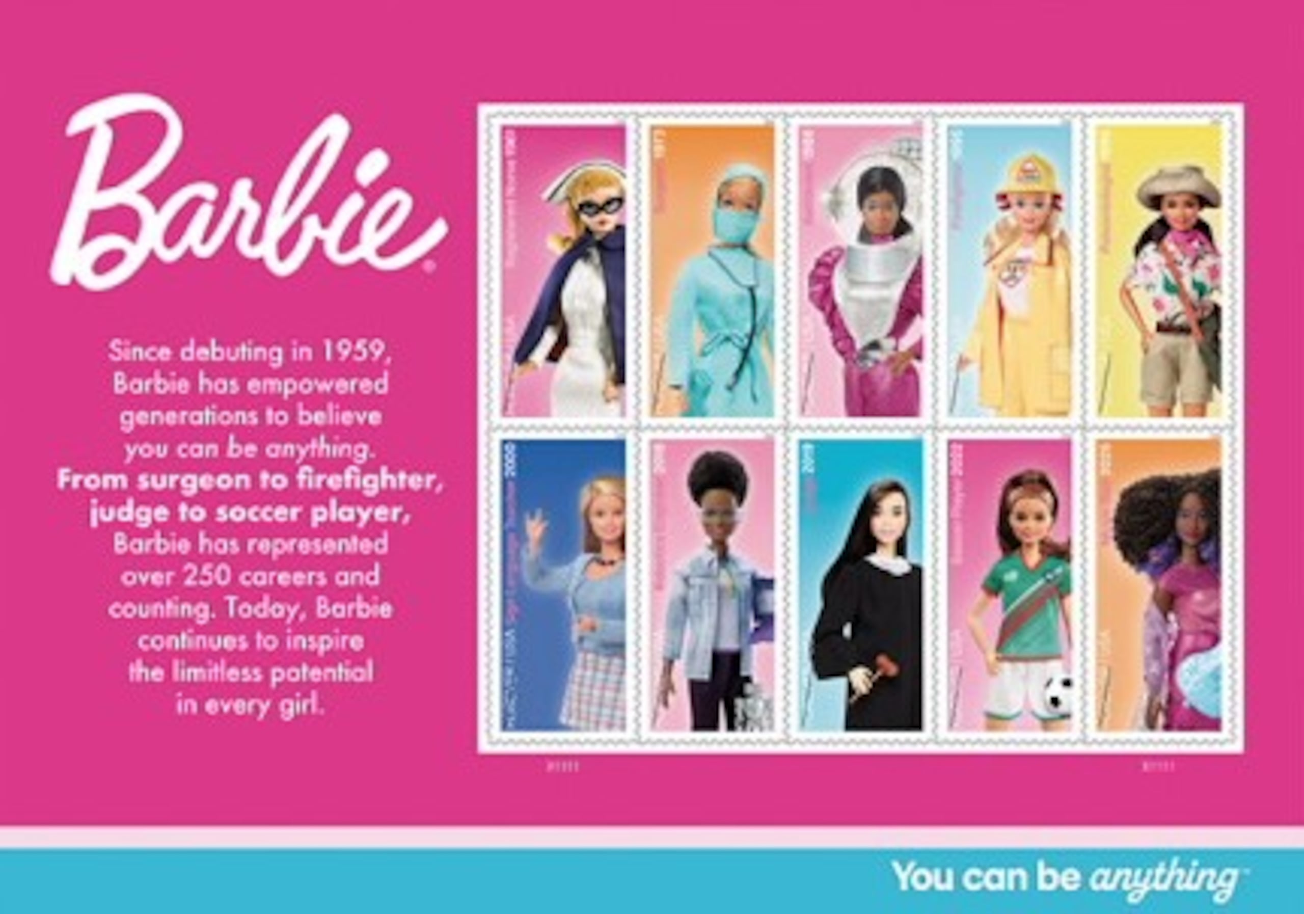 Los sellos de correo de 'Barbie' tienen un costo de .78 centavos y pueden usarse para el envío domestico de cartas de una onza o menos.