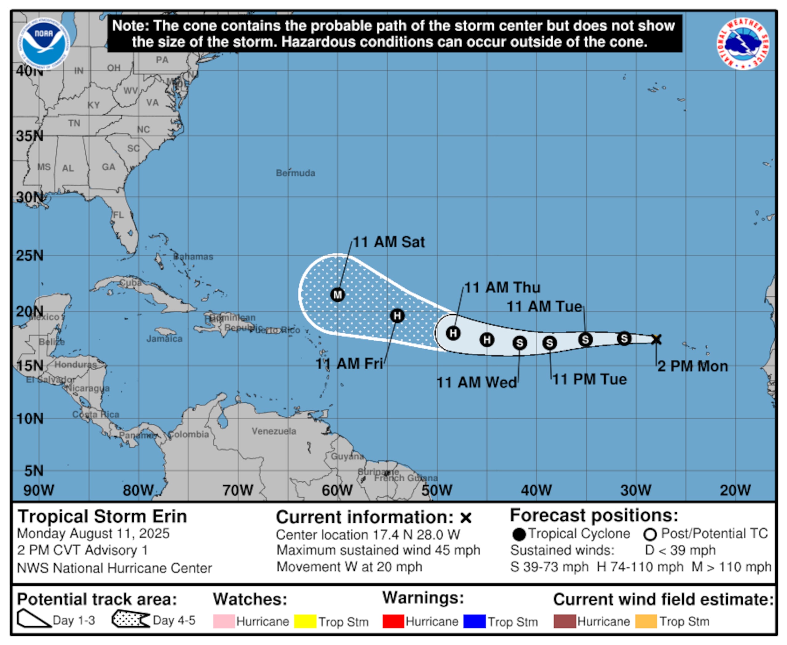 En la primera trayectoria pronosticada de Erin, Puerto Rico se encuentra fuera del cono de incertidumbre. (NOAA)